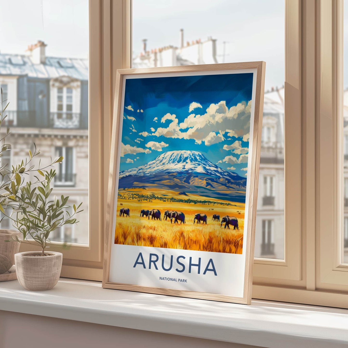 Arusha National Park Poster - Tanzania Travel Art - Elephants Mount Kilimanjaro Home Decor
