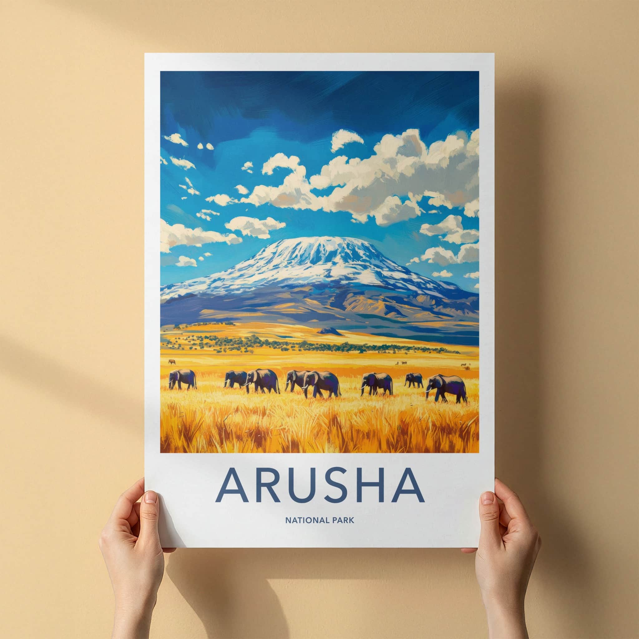 Arusha National Park Poster - Tanzania Travel Art - Elephants Mount Kilimanjaro Home Decor