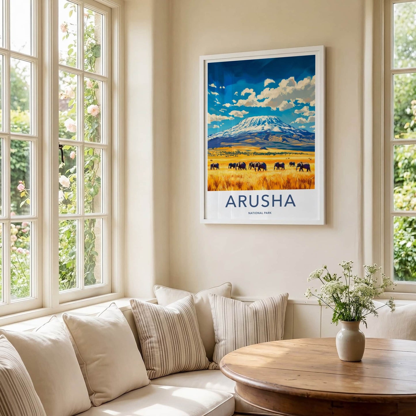 Arusha National Park Poster - Tanzania Travel Art - Elephants Mount Kilimanjaro Home Decor