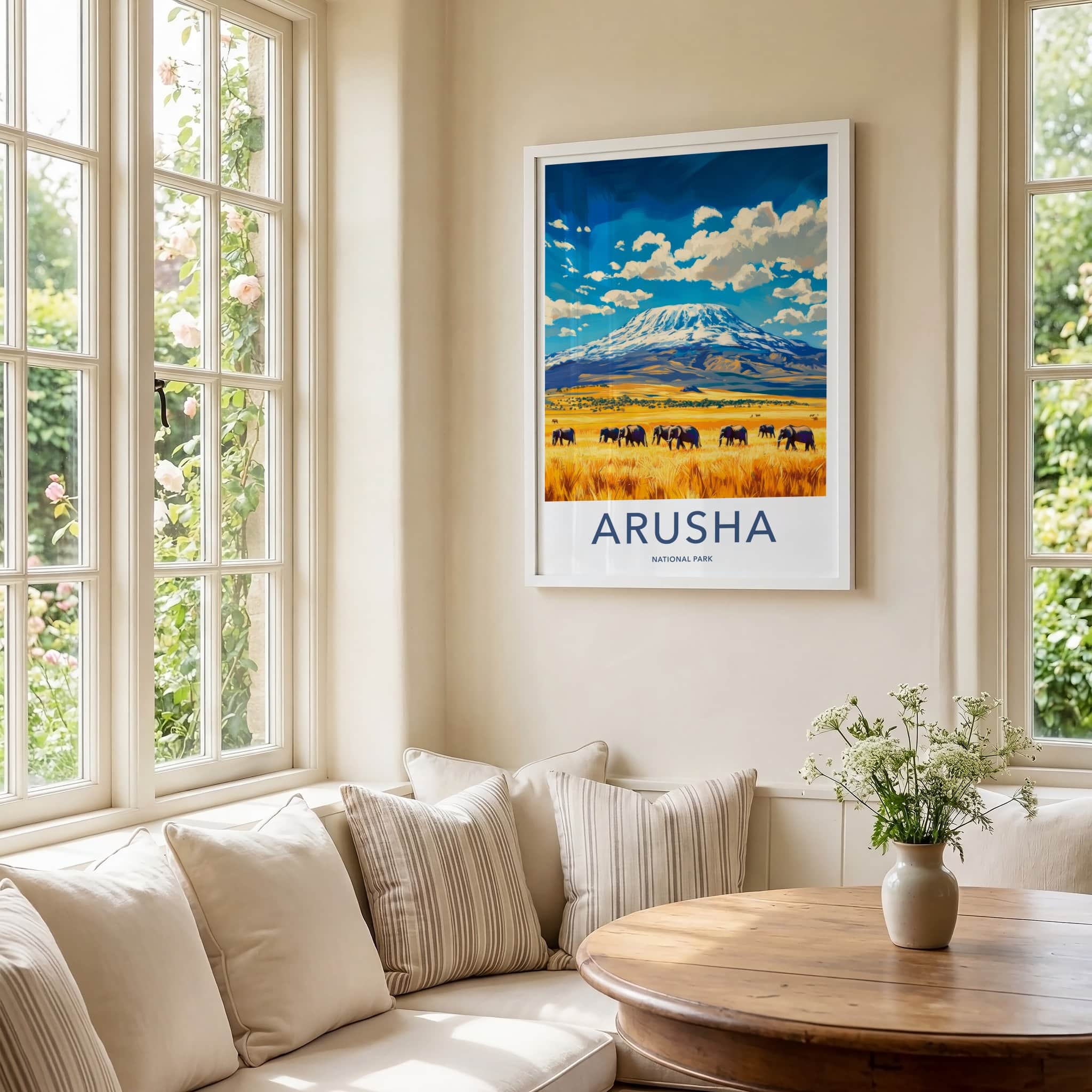 Arusha National Park Poster - Tanzania Travel Art - Elephants Mount Kilimanjaro Home Decor