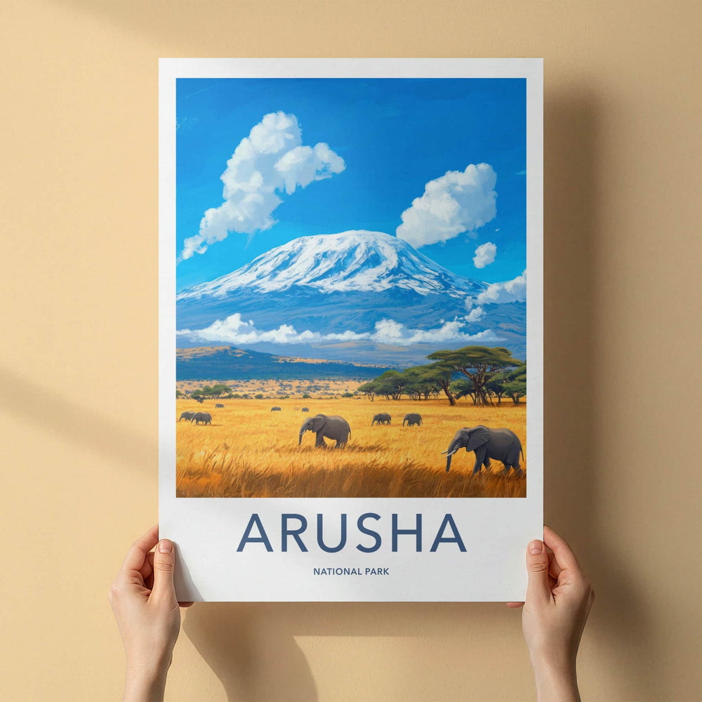 Arusha National Park Poster - Tanzania Wall Art - Elephants Golden Savanna Gift
