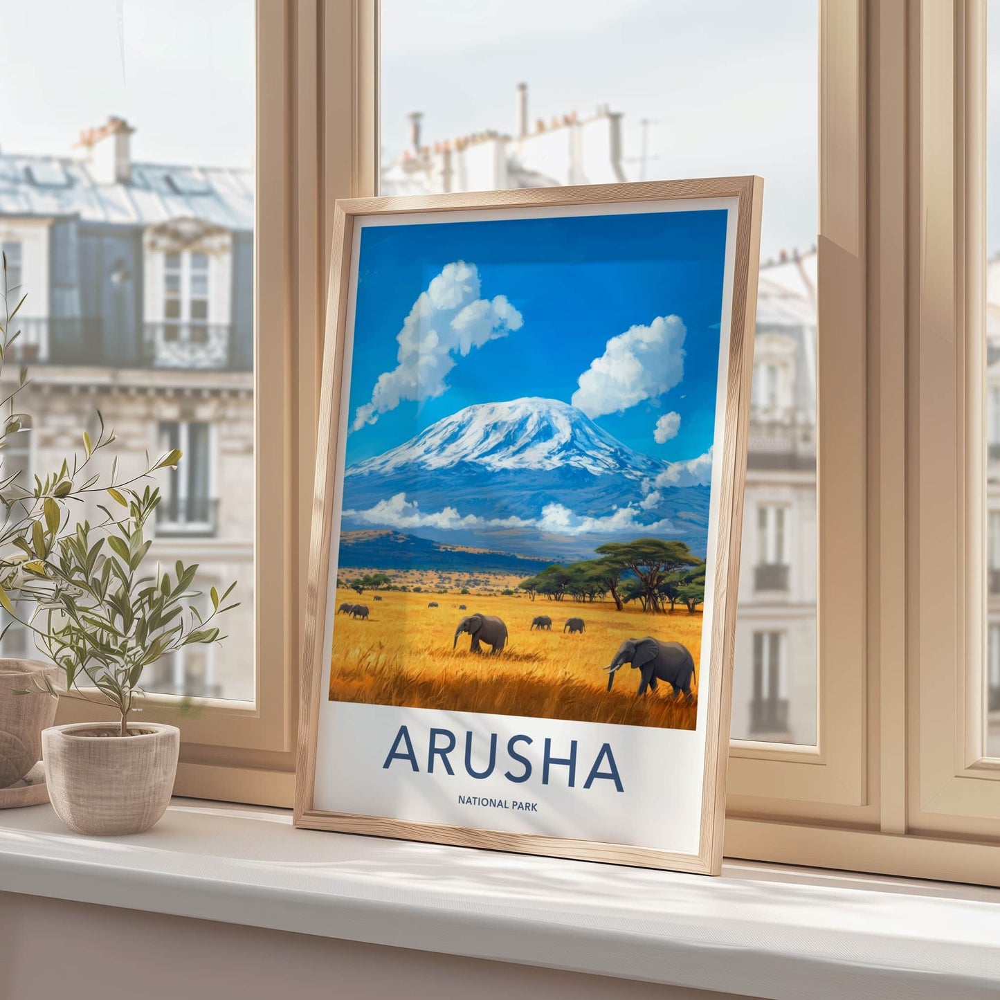 Arusha National Park Poster - Tanzania Wall Art - Elephants Golden Savanna Gift