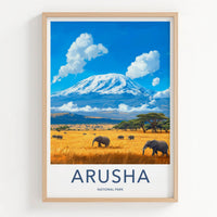 Arusha National Park Poster - Tanzania Wall Art - Elephants Golden Savanna Gift