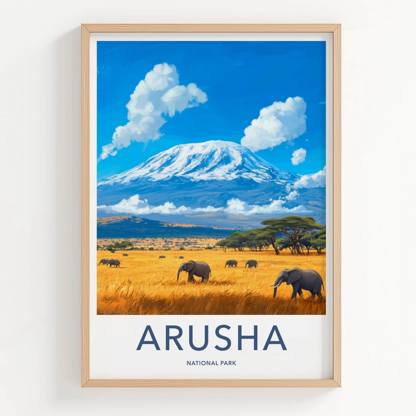 Arusha National Park Poster - Tanzania Wall Art - Elephants Golden Savanna Gift