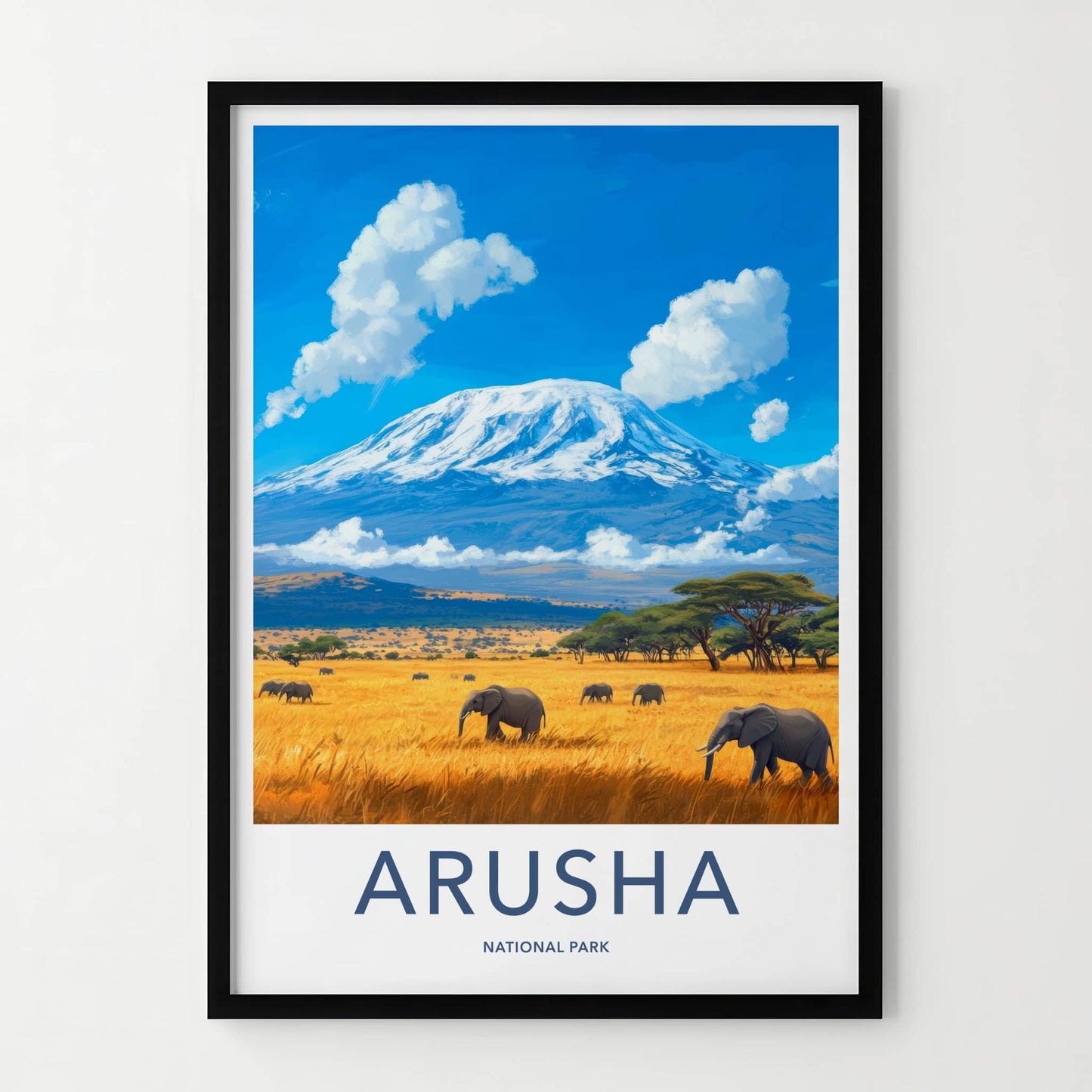 Arusha National Park Poster - Tanzania Wall Art - Elephants Golden Savanna Gift