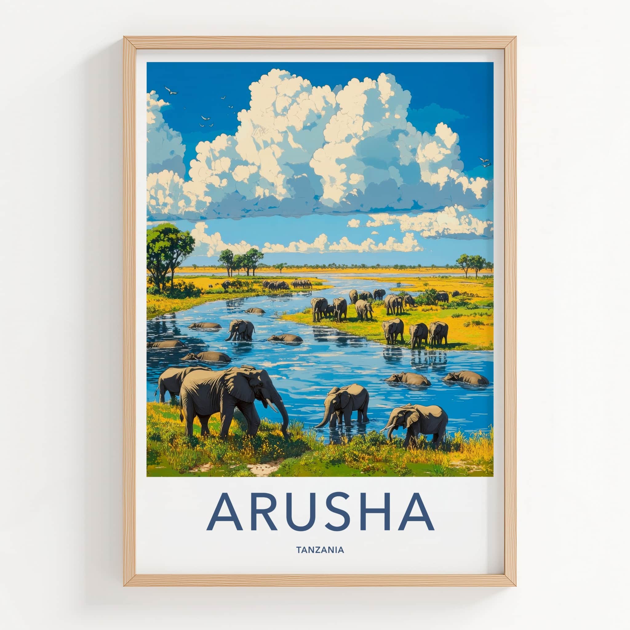 Arusha Poster - Tanzania Travel Art - Elephants River Crossing Home Decor