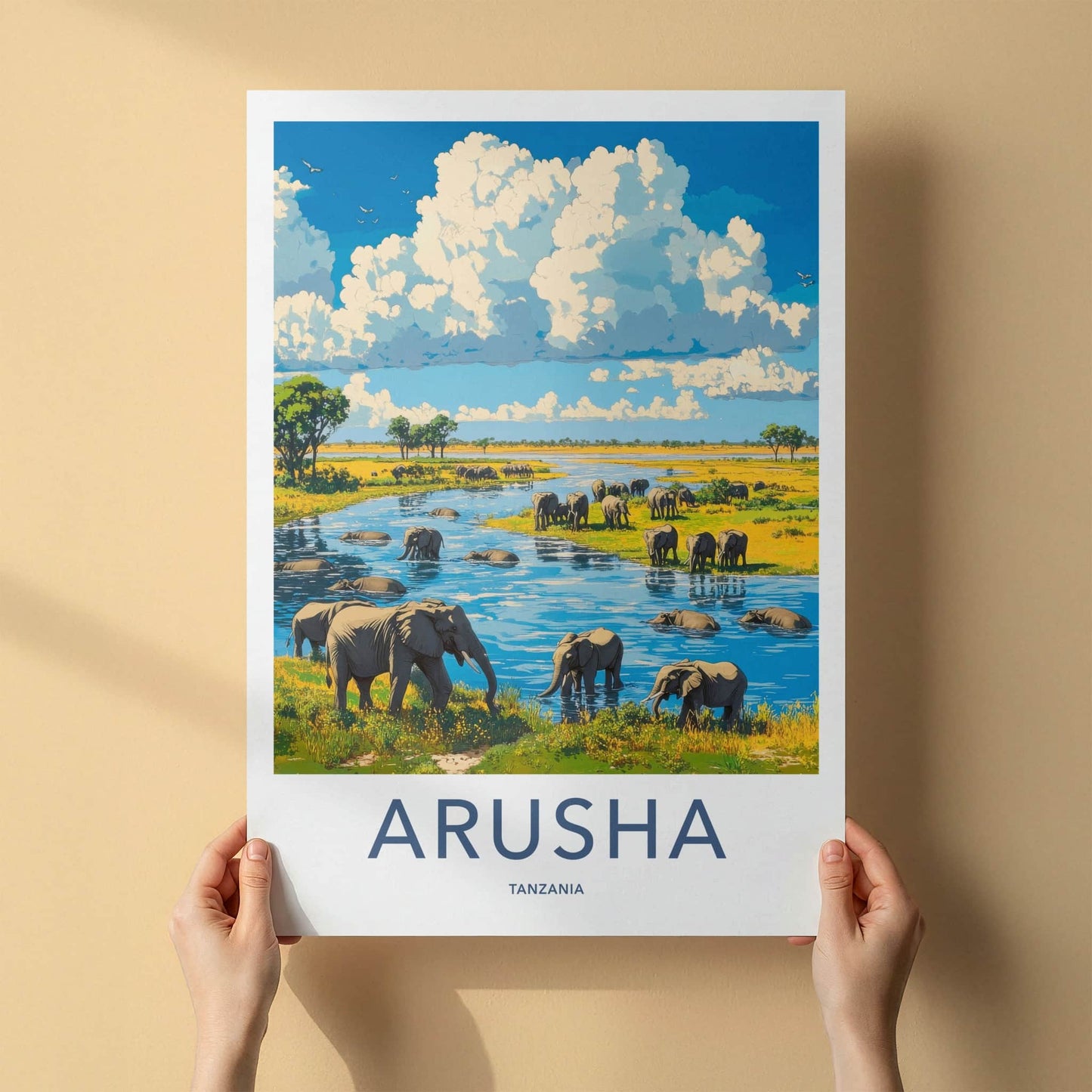 Arusha Poster - Tanzania Travel Art - Elephants River Crossing Home Decor