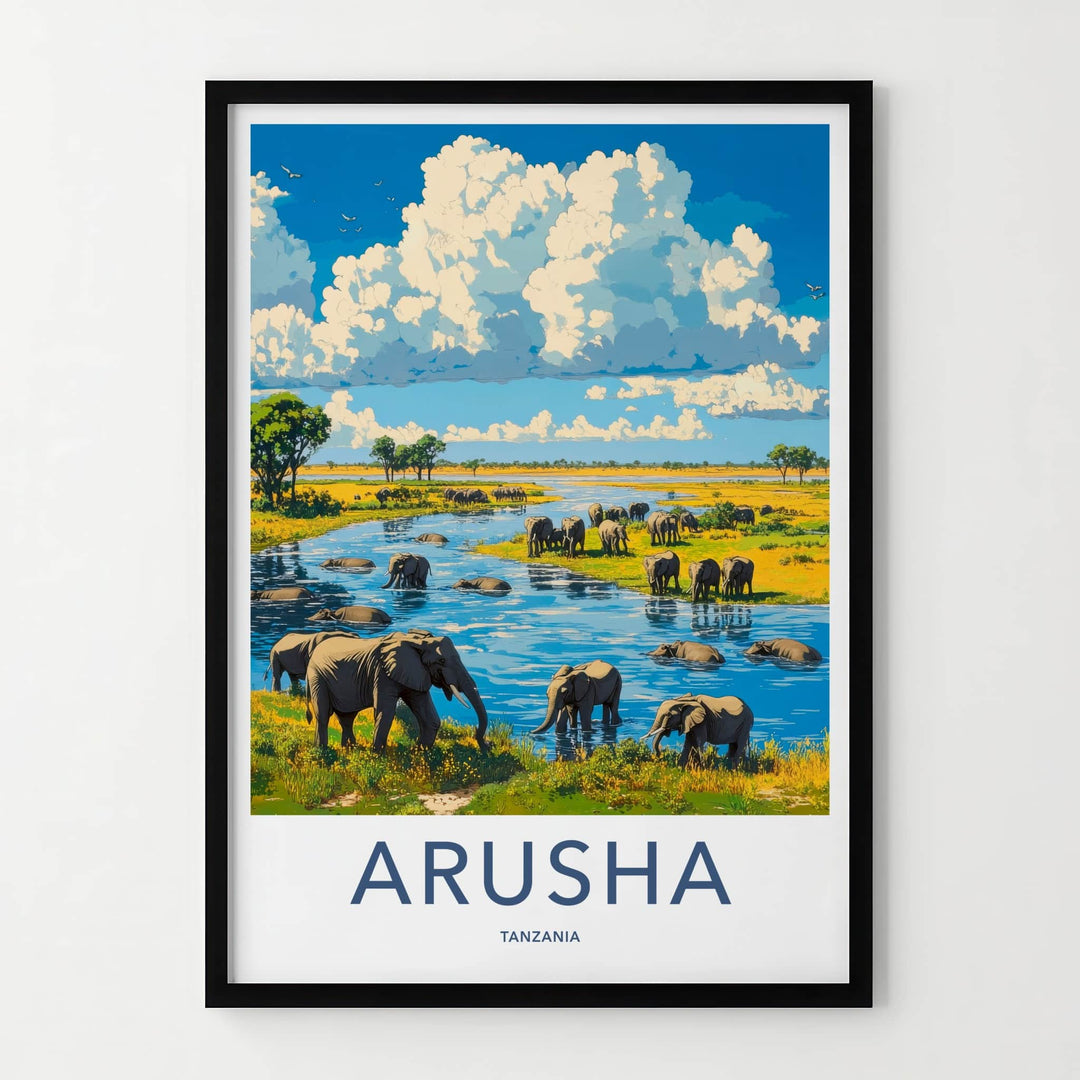 Arusha Poster - Tanzania Travel Art - Elephants River Crossing Home Decor