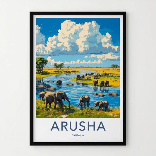 Arusha Poster - Tanzania Travel Art - Elephants River Crossing Home Decor