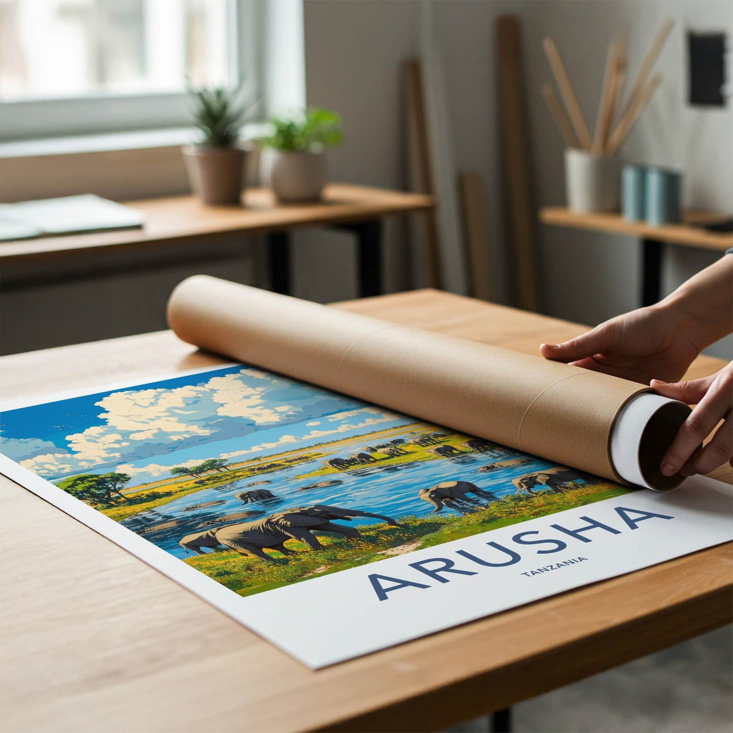 Arusha Poster - Tanzania Travel Art - Elephants River Crossing Home Decor