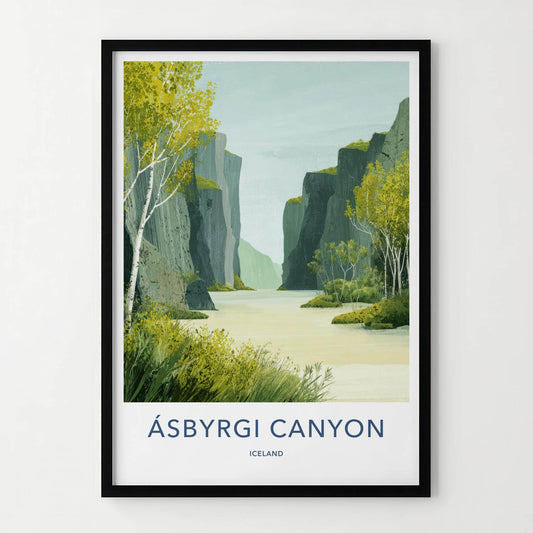 Asbyrgi Canyon Poster - Iceland Travel Art - Serene Waterway Cliffs Wall Decor