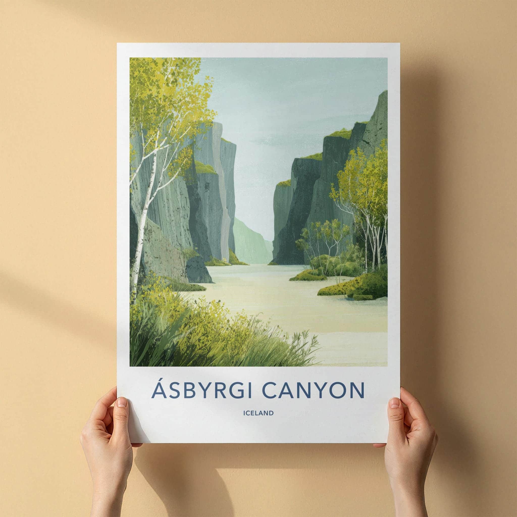 Asbyrgi Canyon Poster - Iceland Travel Art - Serene Waterway Cliffs Wall Decor