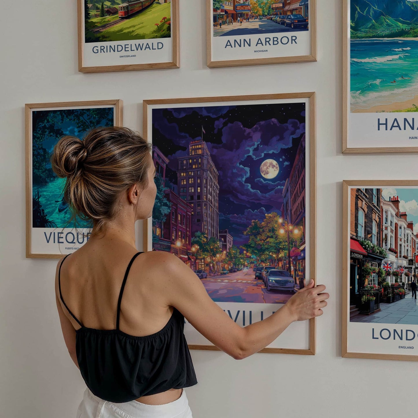 Asheville Poster - North Carolina Travel Art - City Night Moon Home Decor