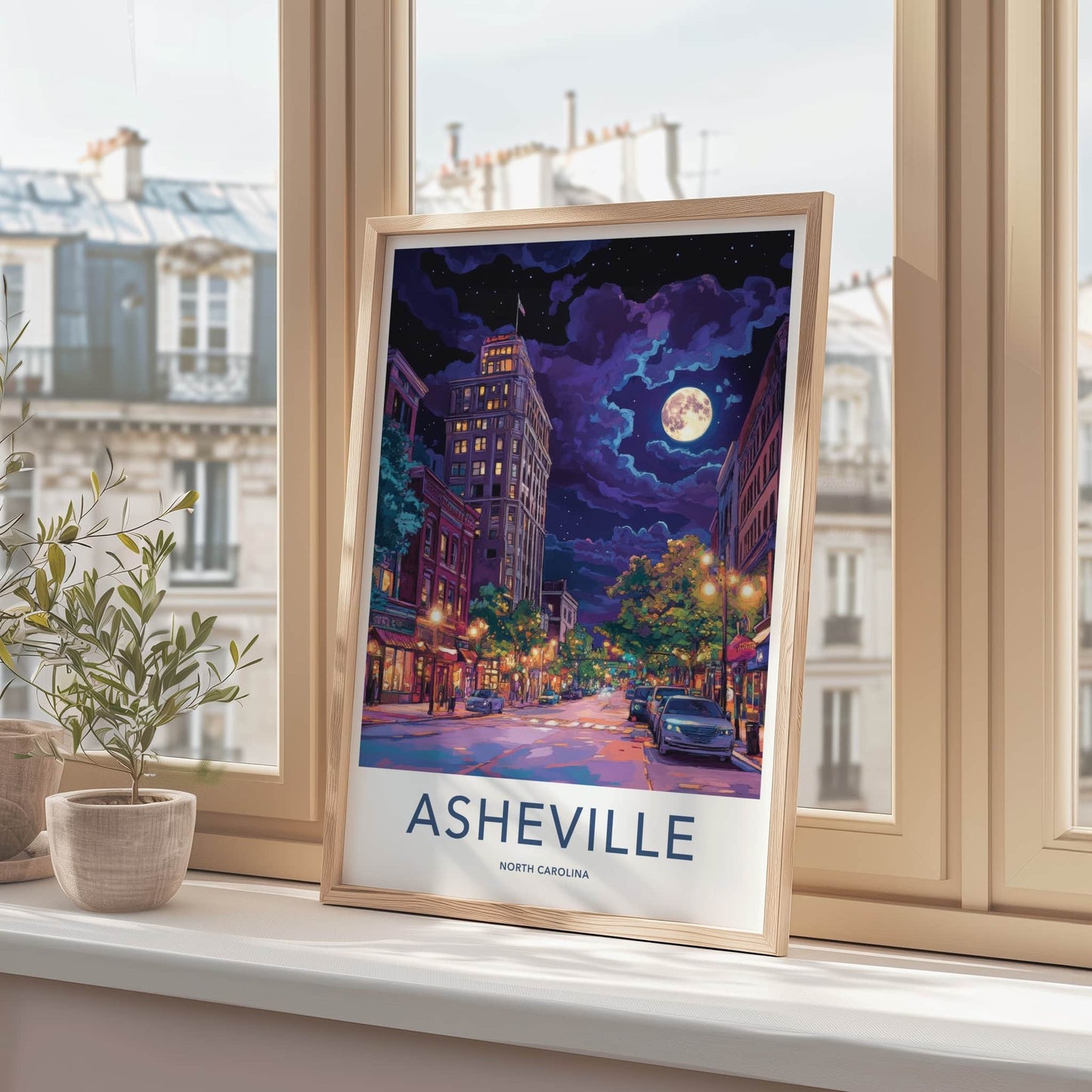 Asheville Poster - North Carolina Travel Art - City Night Moon Home Decor