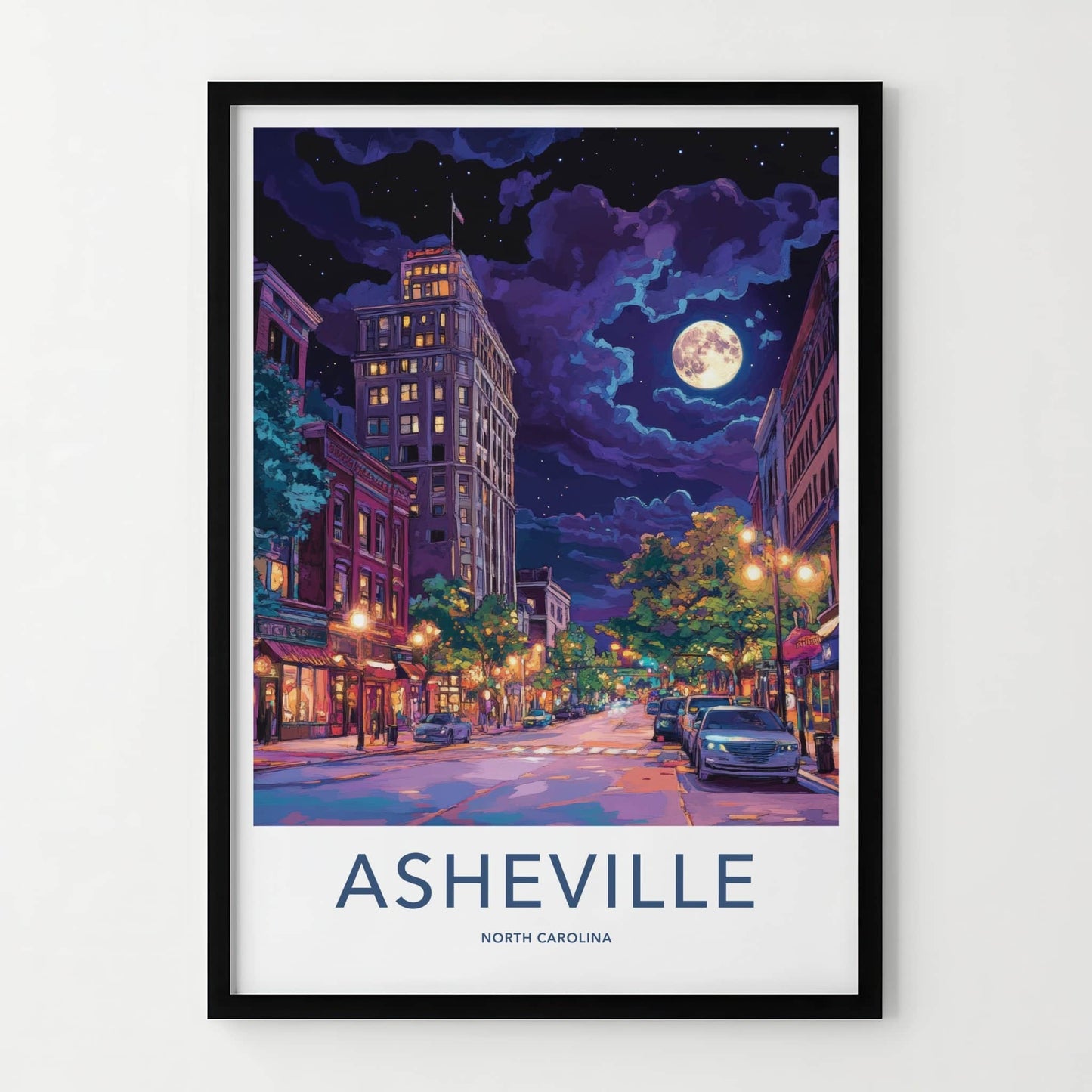 Asheville Poster - North Carolina Travel Art - City Night Moon Home Decor
