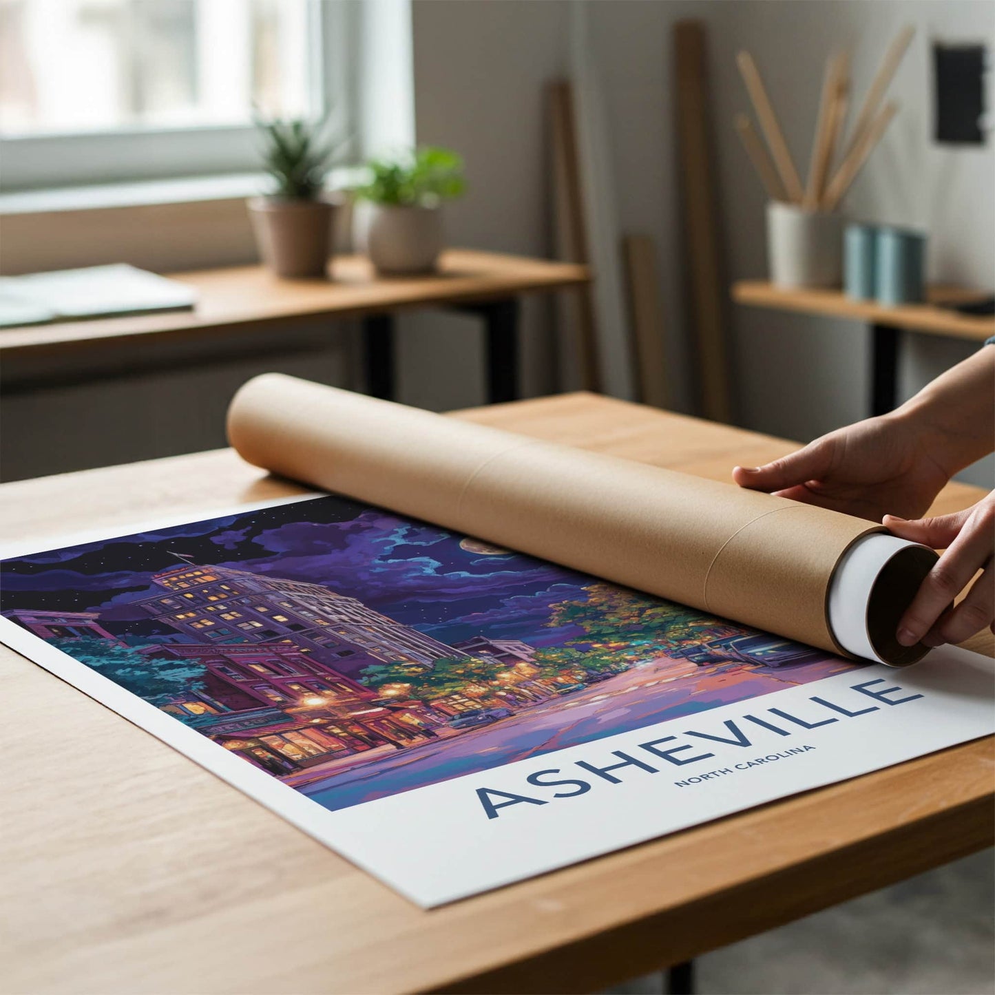 Asheville Poster - North Carolina Travel Art - City Night Moon Home Decor