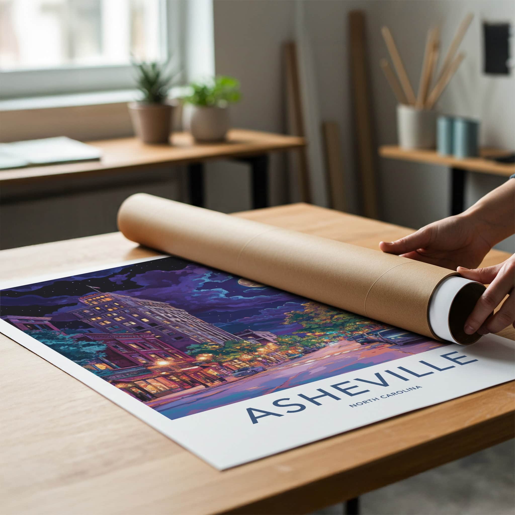 Asheville Poster - North Carolina Travel Art - City Night Moon Home Decor