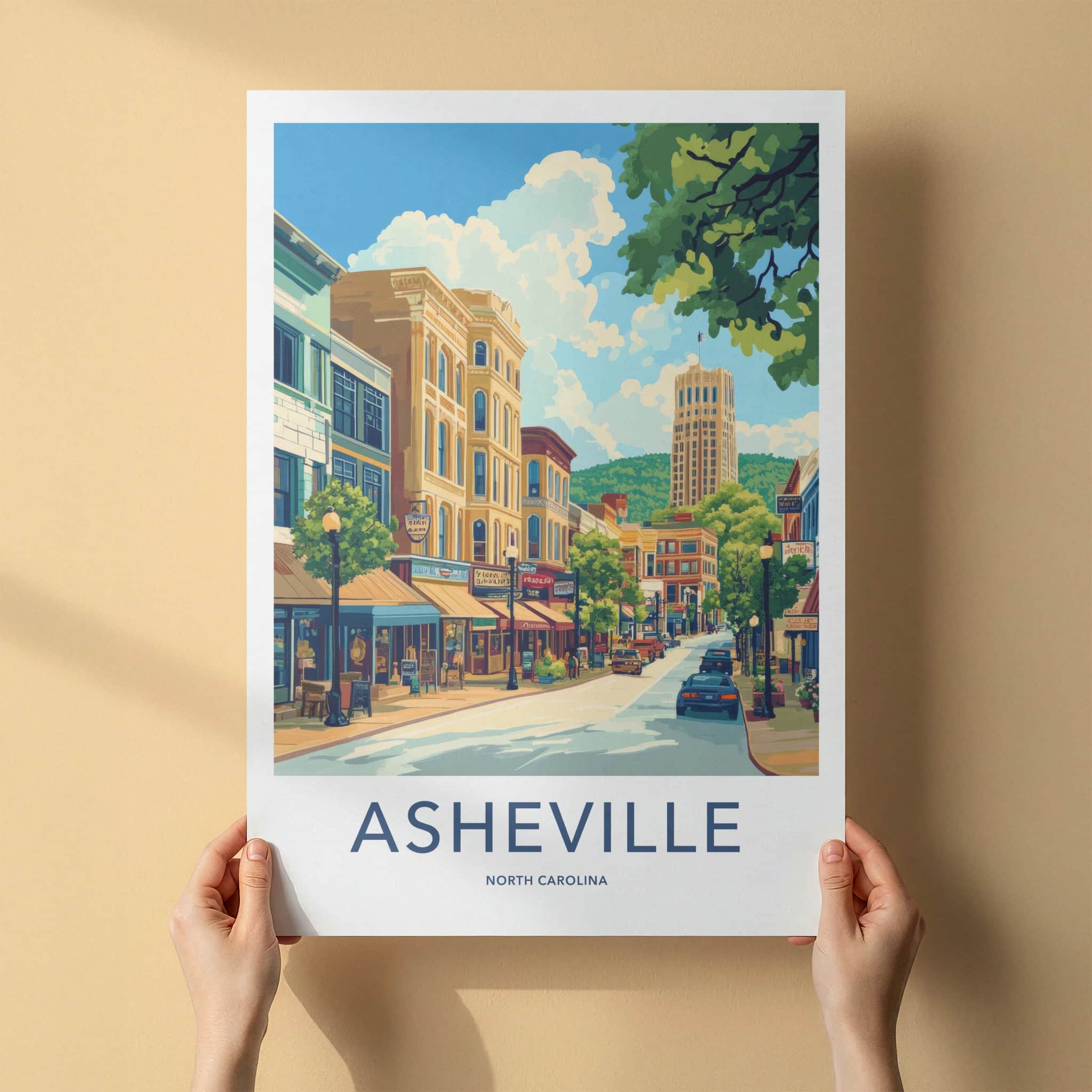 Asheville Poster - North Carolina Travel Art - Downtown Building Shops Home Decor