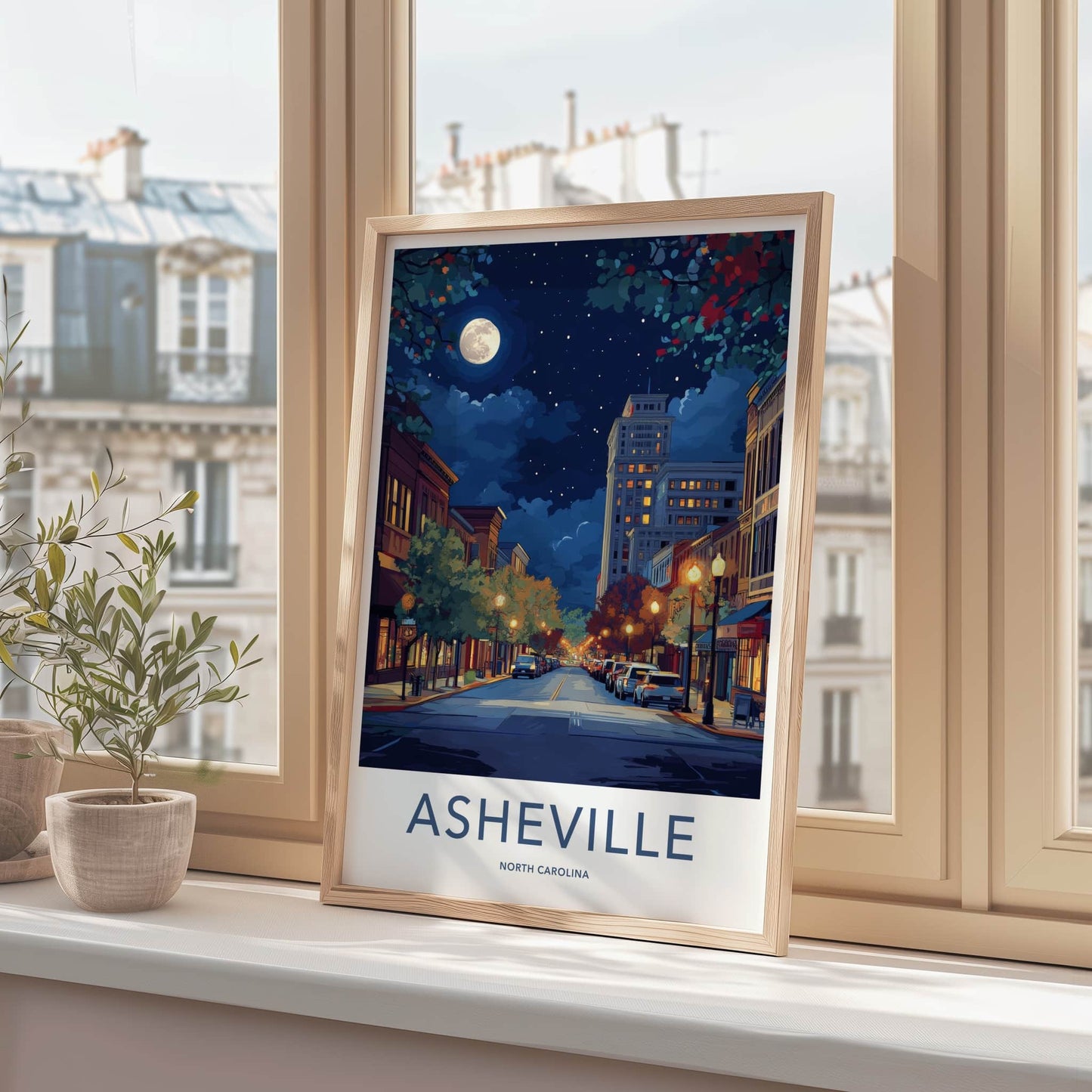 Asheville Poster - North Carolina Wall Art - Moonlit City Street Home Decor