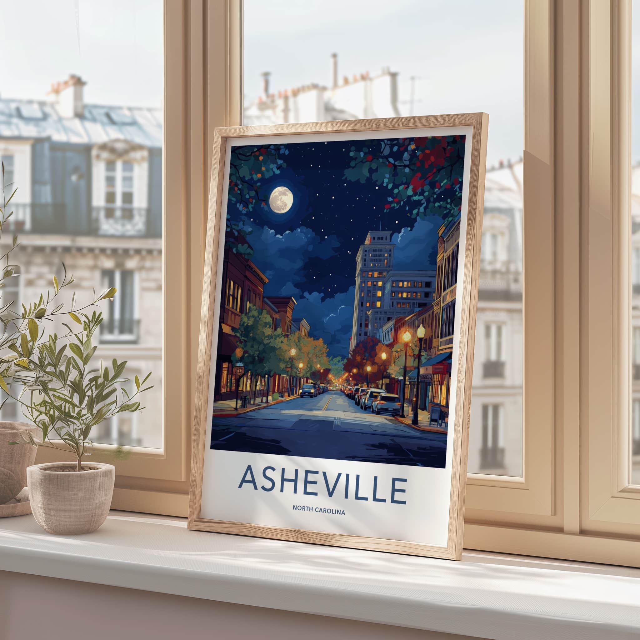 Asheville Poster - North Carolina Wall Art - Moonlit City Street Home Decor