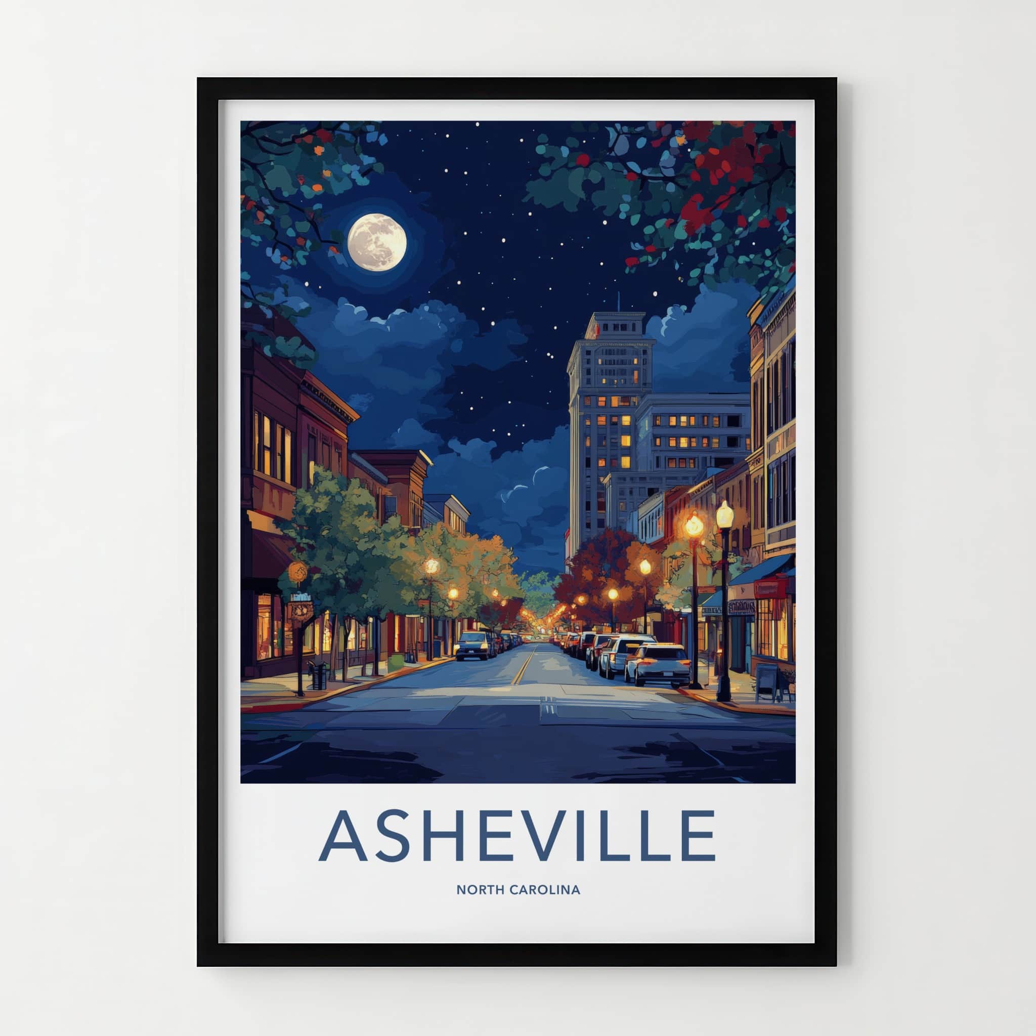 Asheville Poster - North Carolina Wall Art - Moonlit City Street Home Decor