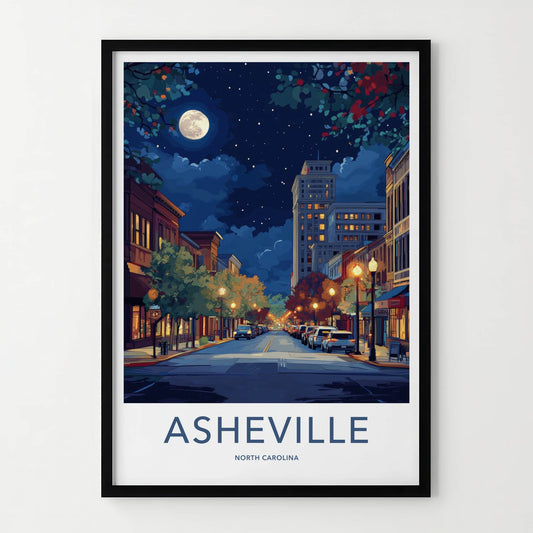 Asheville Poster - North Carolina Wall Art - Moonlit City Street Home Decor