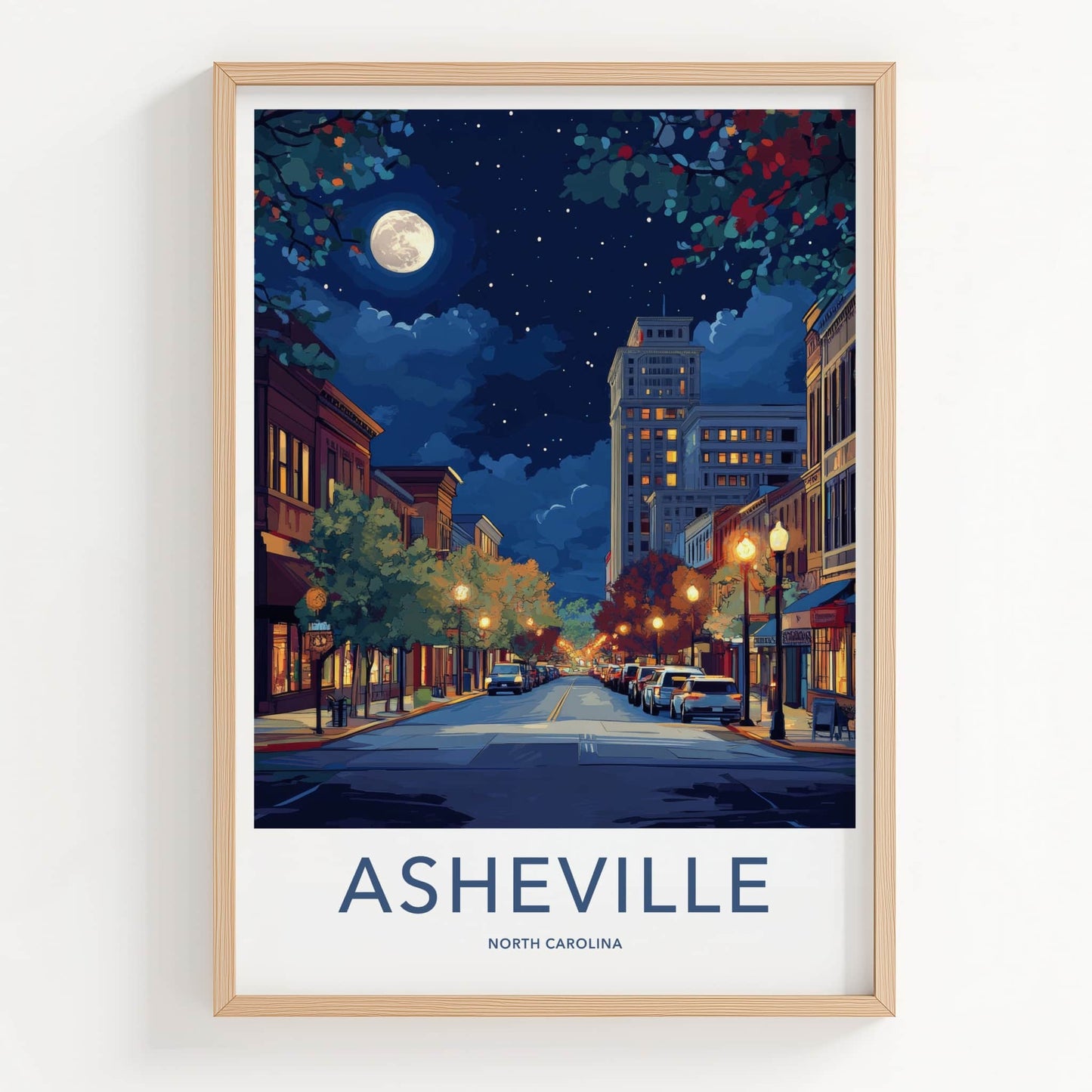 Asheville Poster - North Carolina Wall Art - Moonlit City Street Home Decor