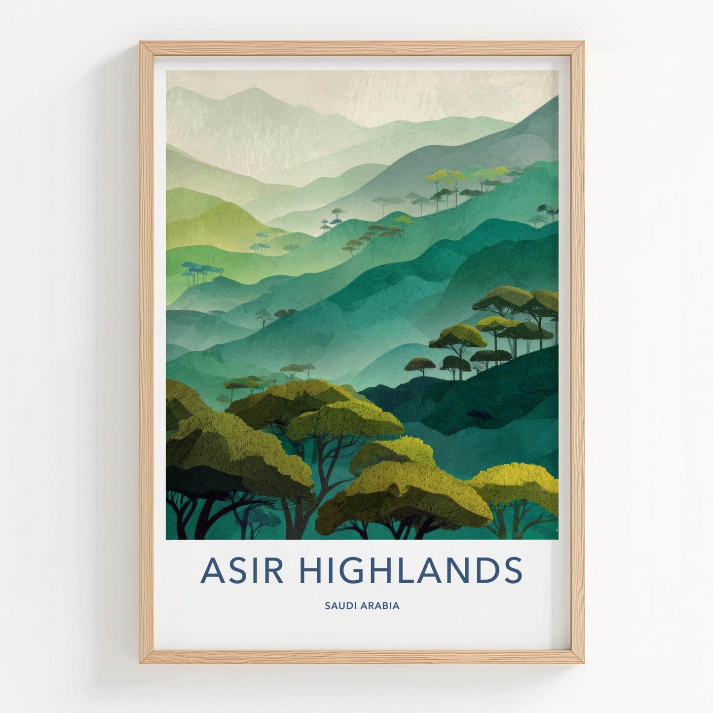 Asir Highlands Poster - Saudi Arabia Travel Art - Layered Mountains Trees Home Decor