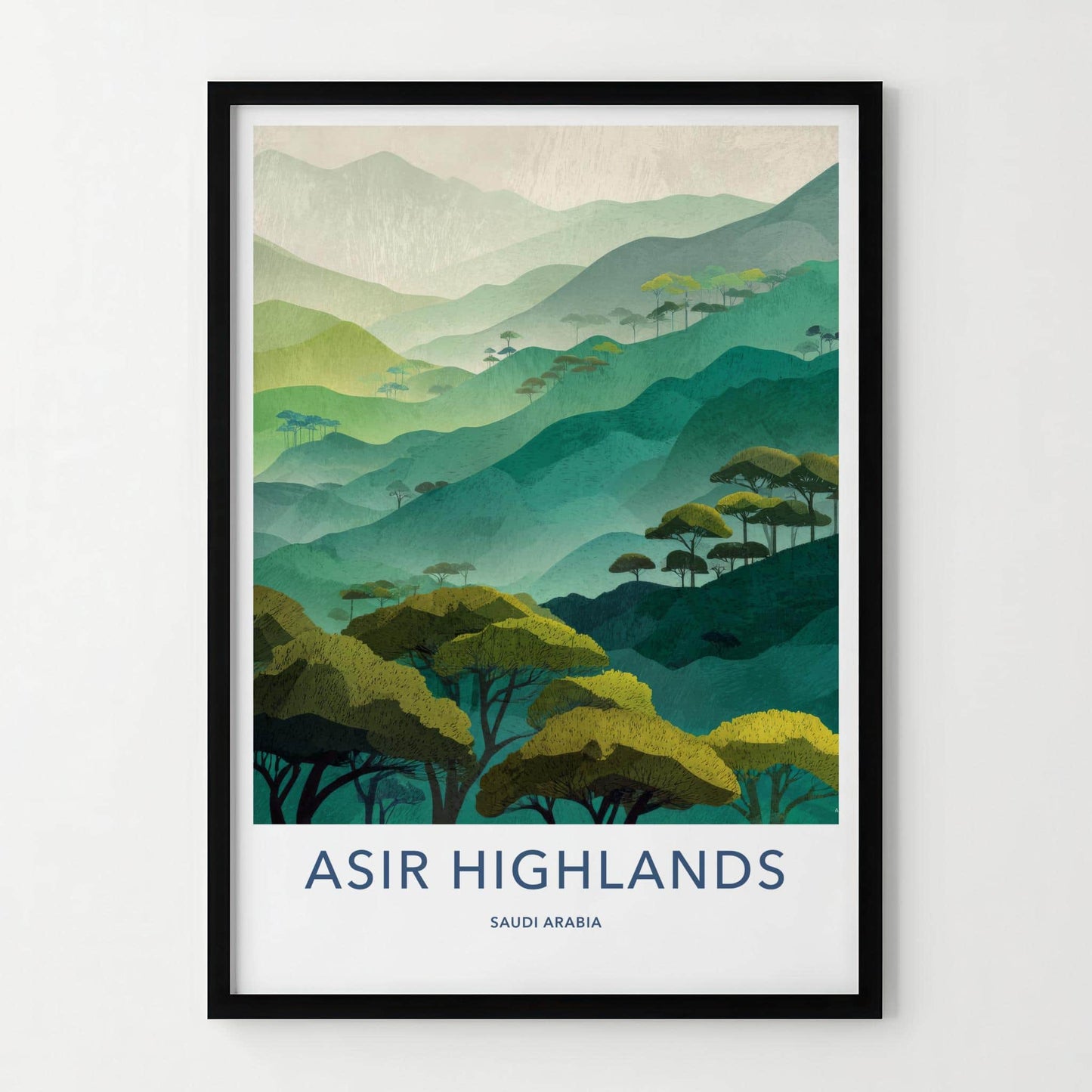 Asir Highlands Poster - Saudi Arabia Travel Art - Layered Mountains Trees Home Decor
