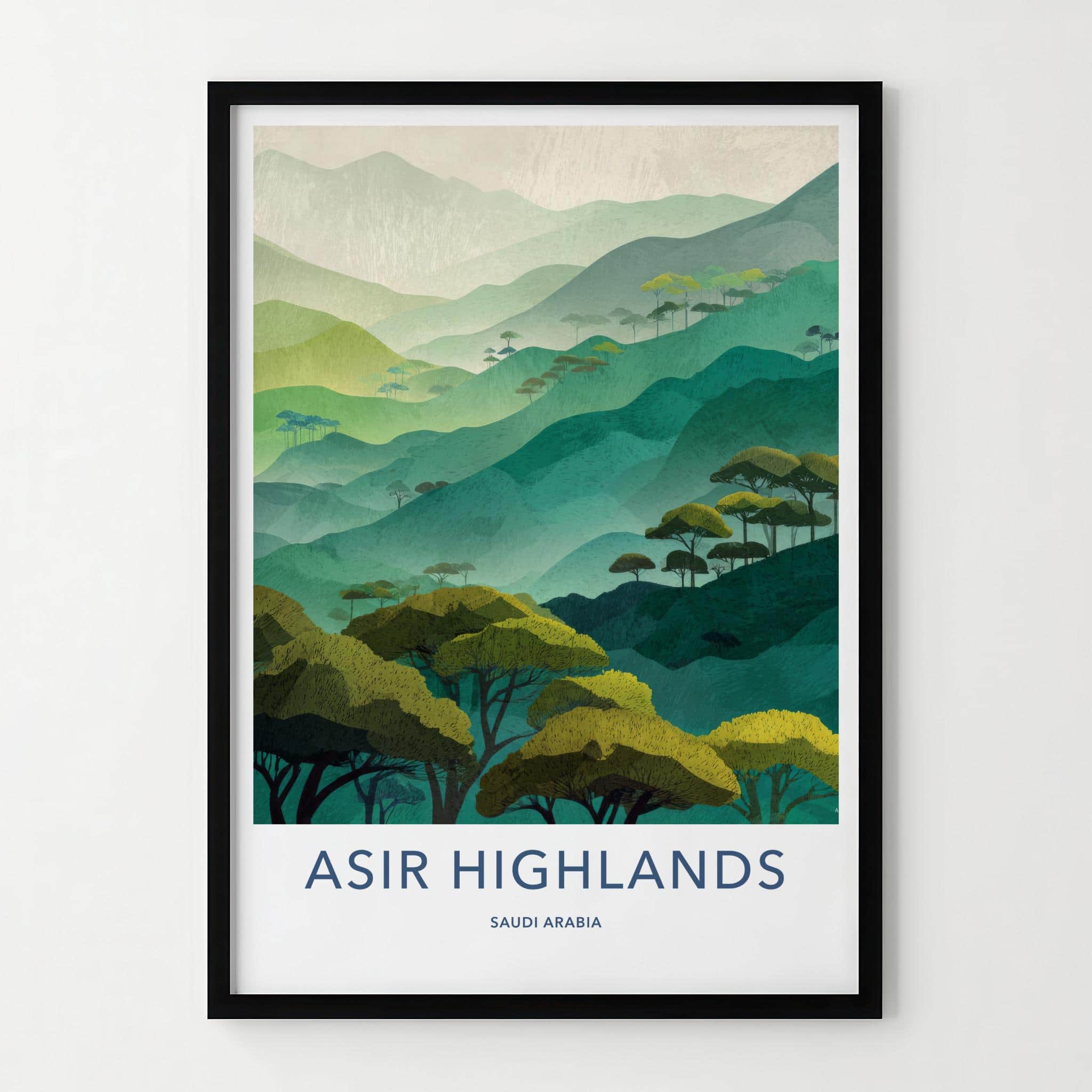 Asir Highlands Poster - Saudi Arabia Travel Art - Layered Mountains Trees Home Decor