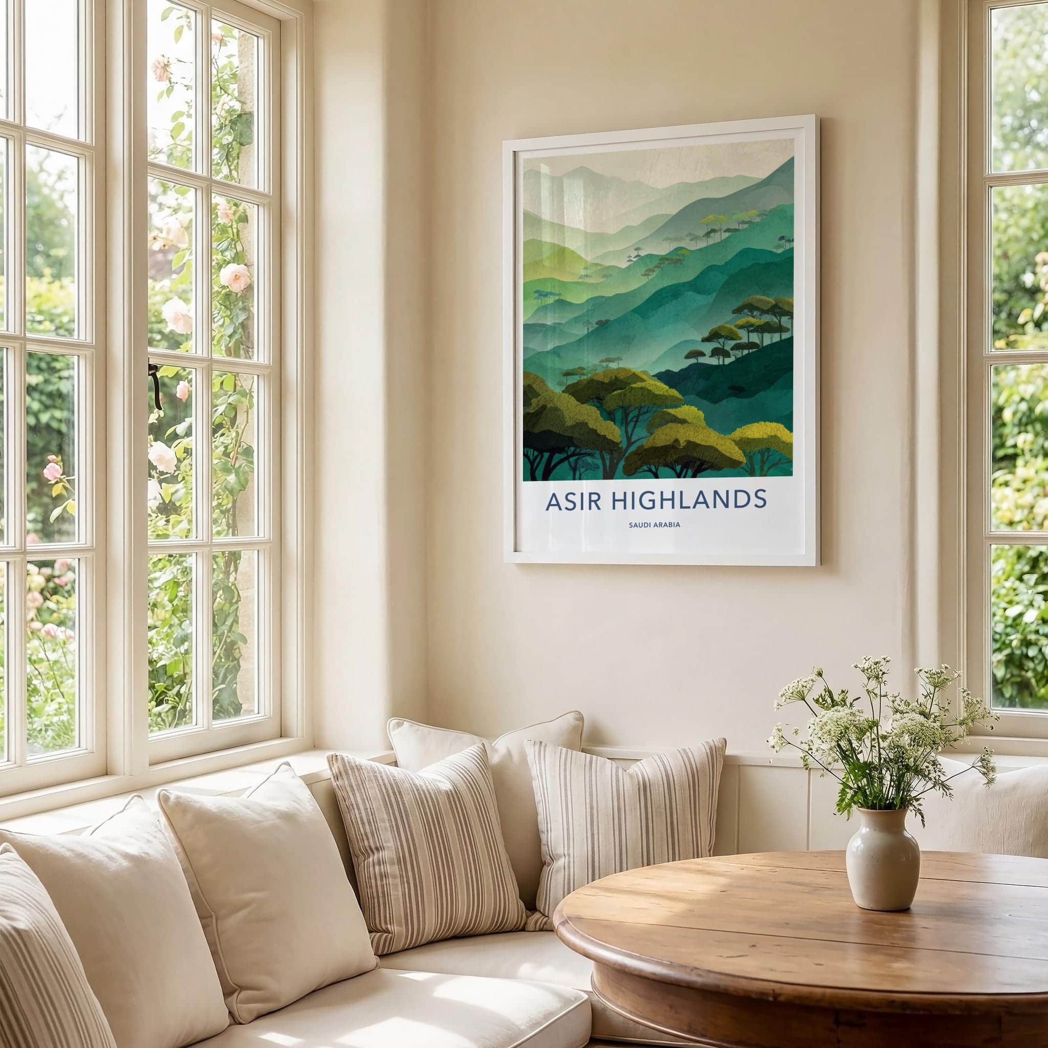 Asir Highlands Poster - Saudi Arabia Travel Art - Layered Mountains Trees Home Decor