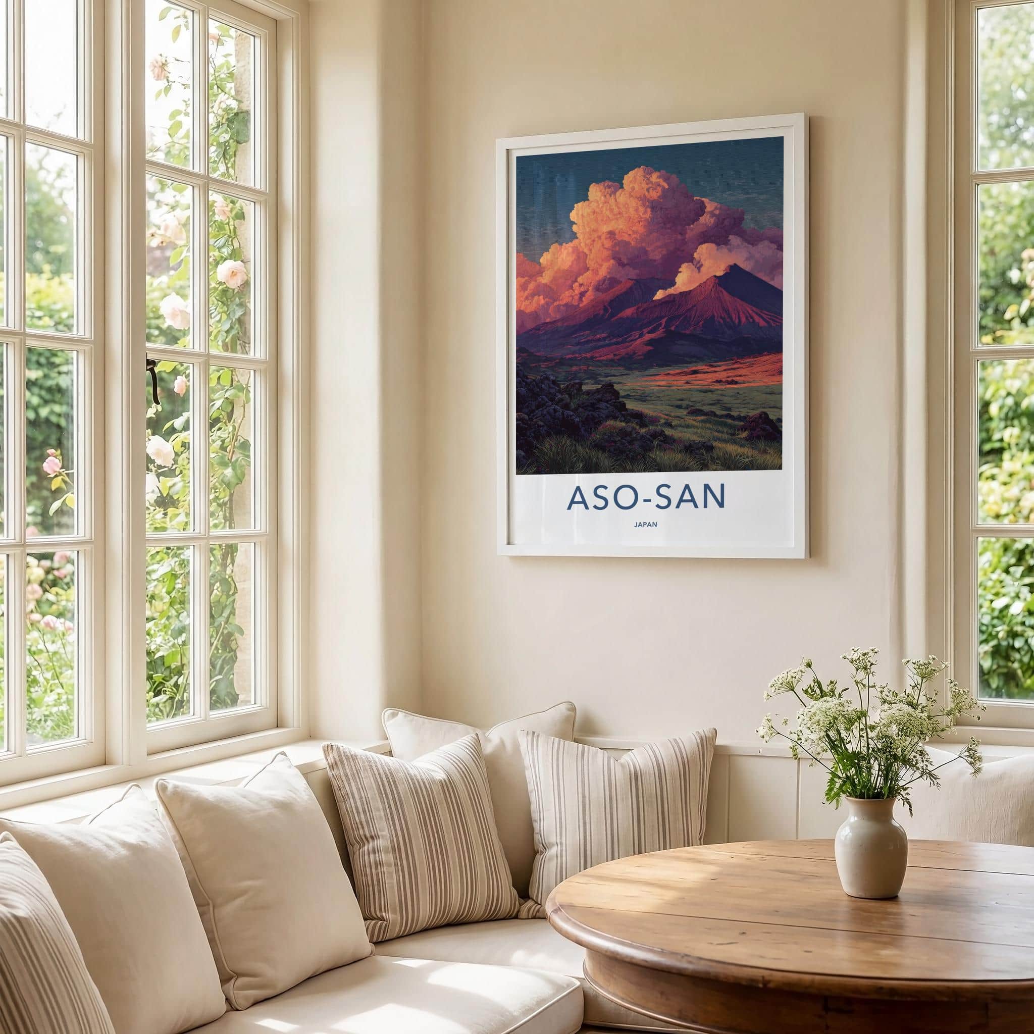 Aso-san Poster - Japan Scenic Art - Fiery Sky Mountains Home Decor