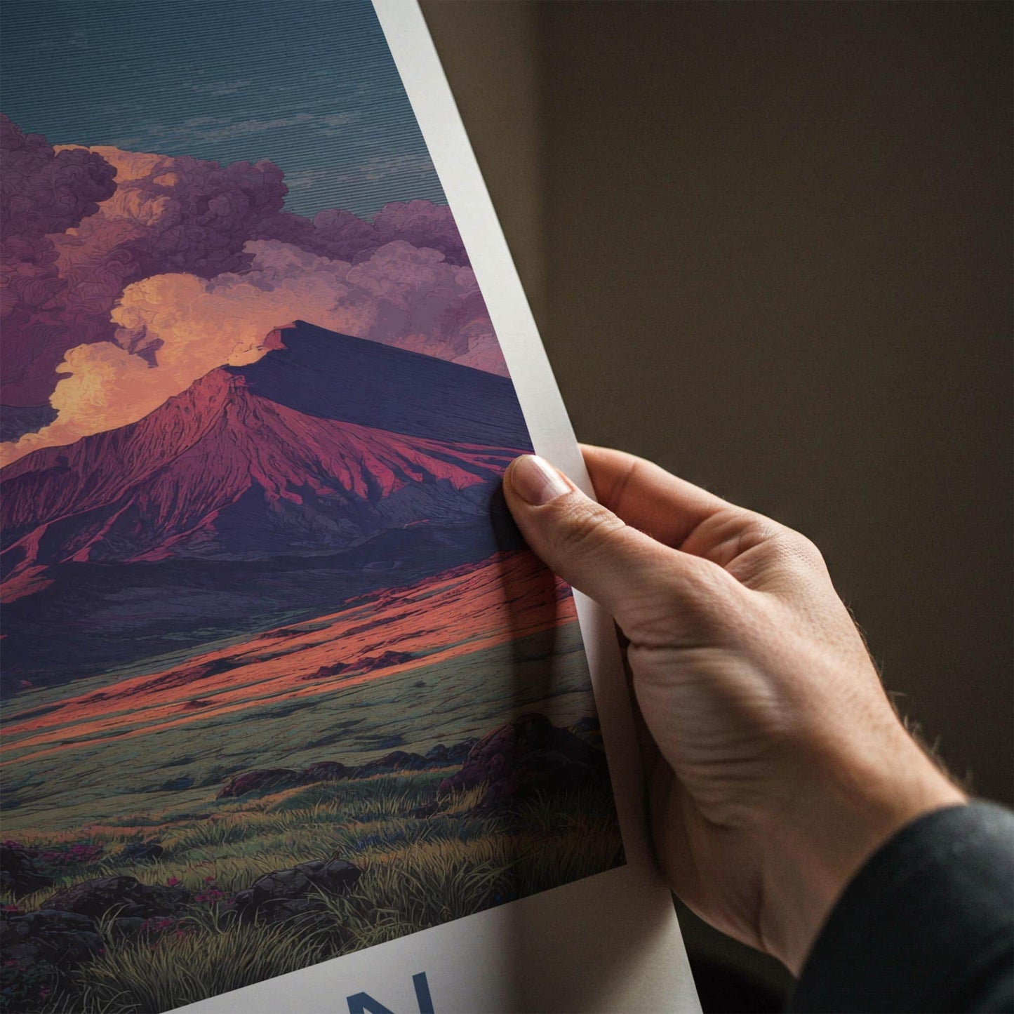 Aso-san Poster - Japan Scenic Art - Fiery Sky Mountains Home Decor