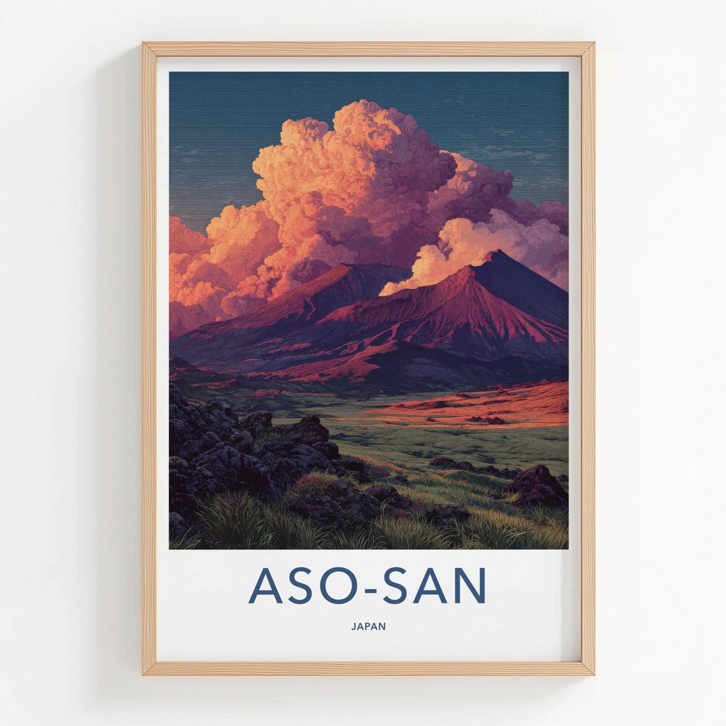 Aso-san Poster - Japan Scenic Art - Fiery Sky Mountains Home Decor