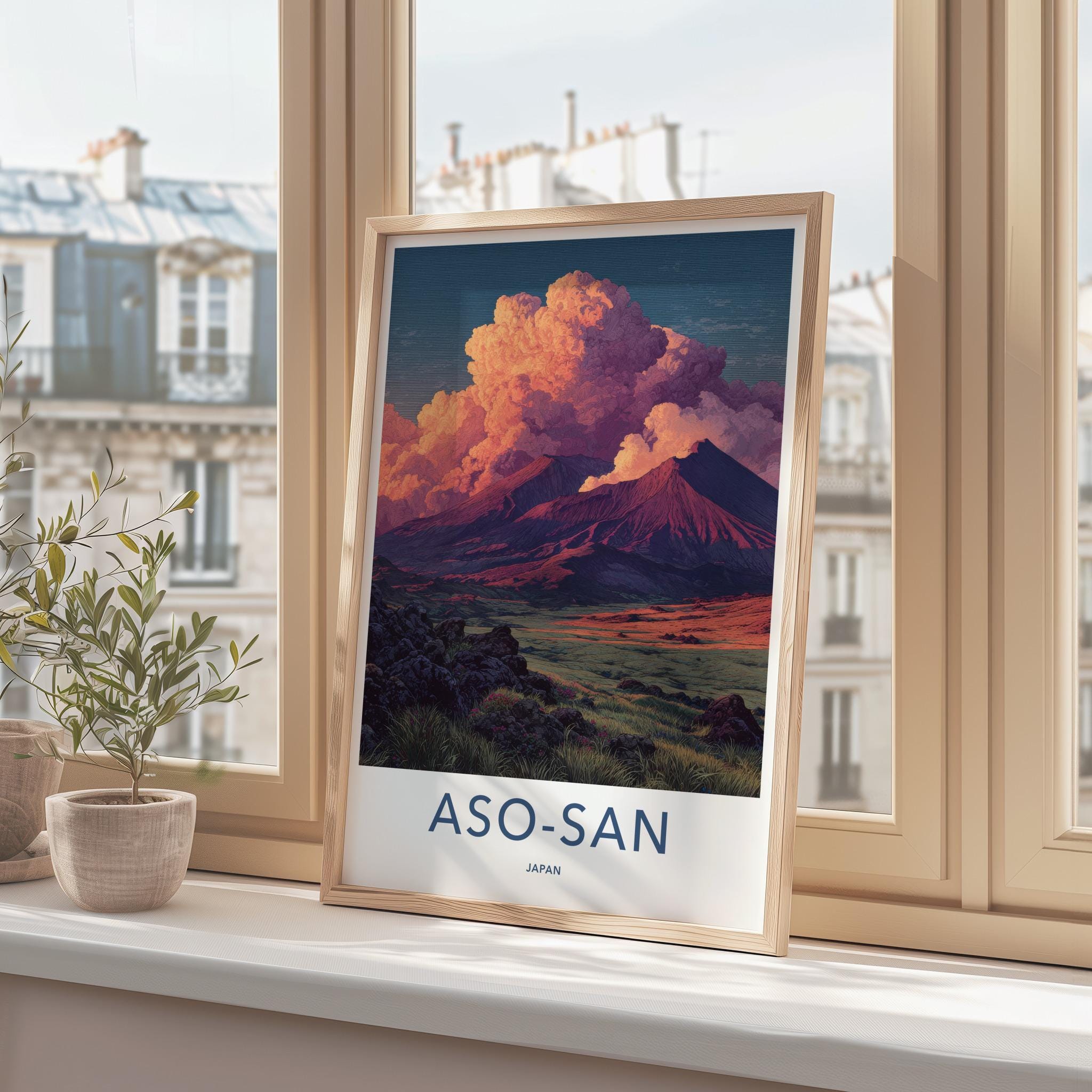 Aso-san Poster - Japan Scenic Art - Fiery Sky Mountains Home Decor