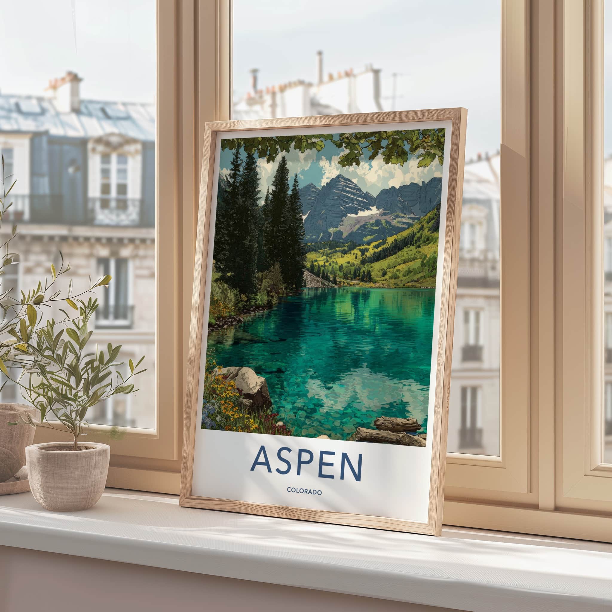 Aspen Poster - Colorado Travel Art - Mountain Lake Shore Art Print