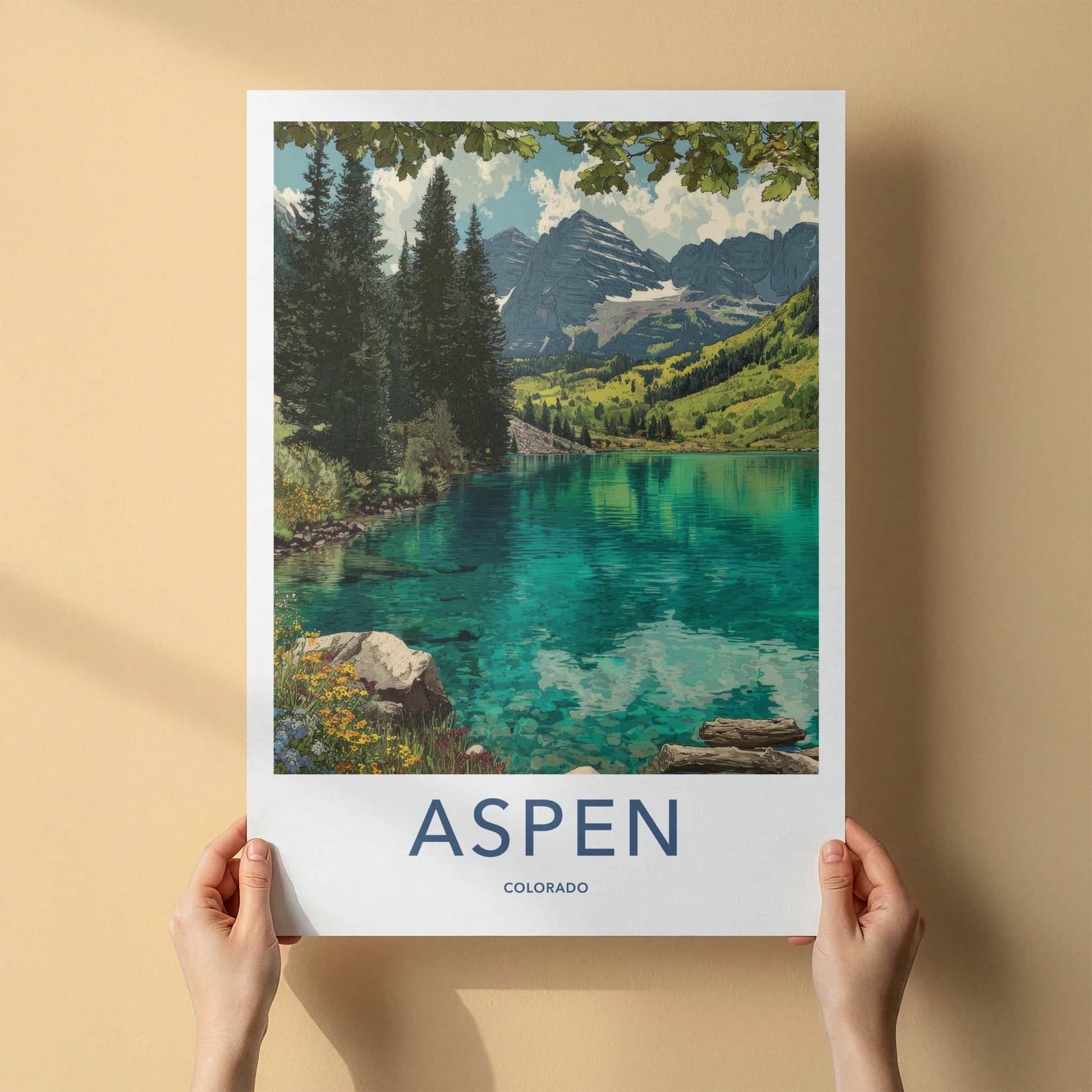 Aspen Poster - Colorado Travel Art - Mountain Lake Shore Art Print