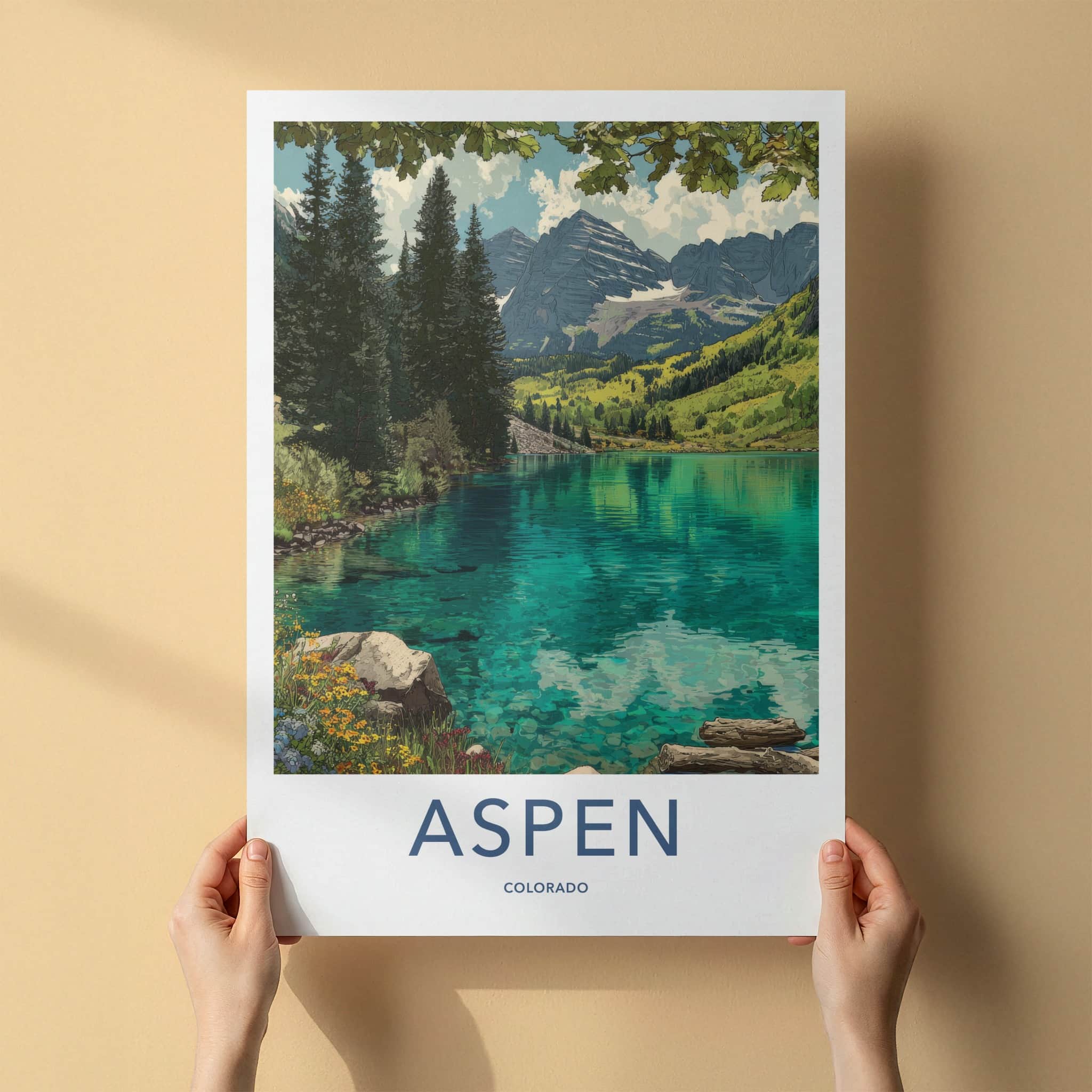 Aspen Poster - Colorado Travel Art - Mountain Lake Shore Art Print