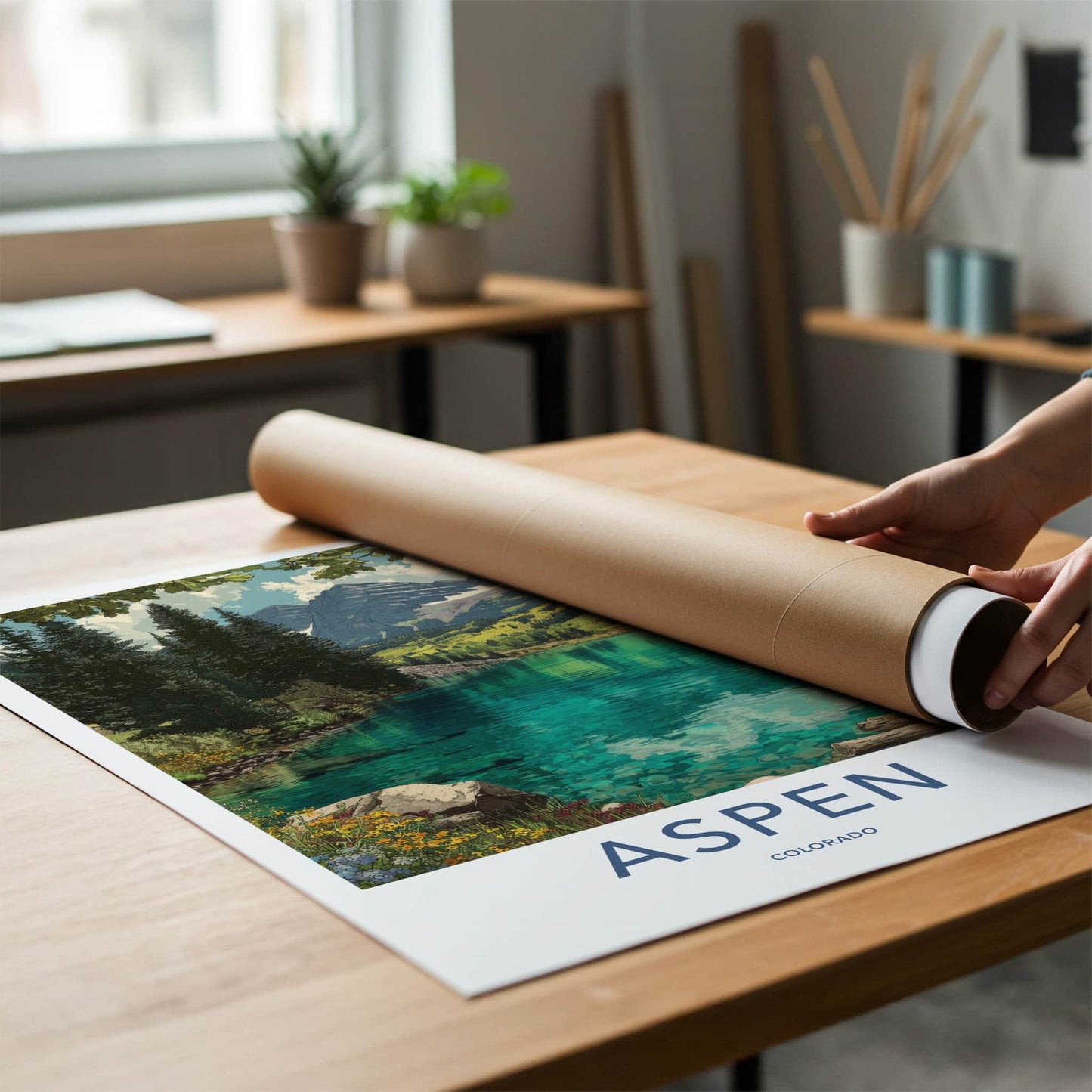 Aspen Poster - Colorado Travel Art - Mountain Lake Shore Art Print