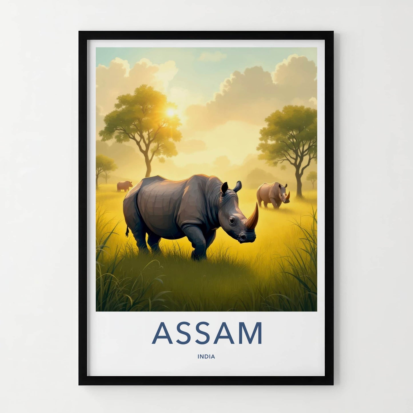 Assam Poster - India Travel Art - Assam Golden Field Rhinos Home Decor
