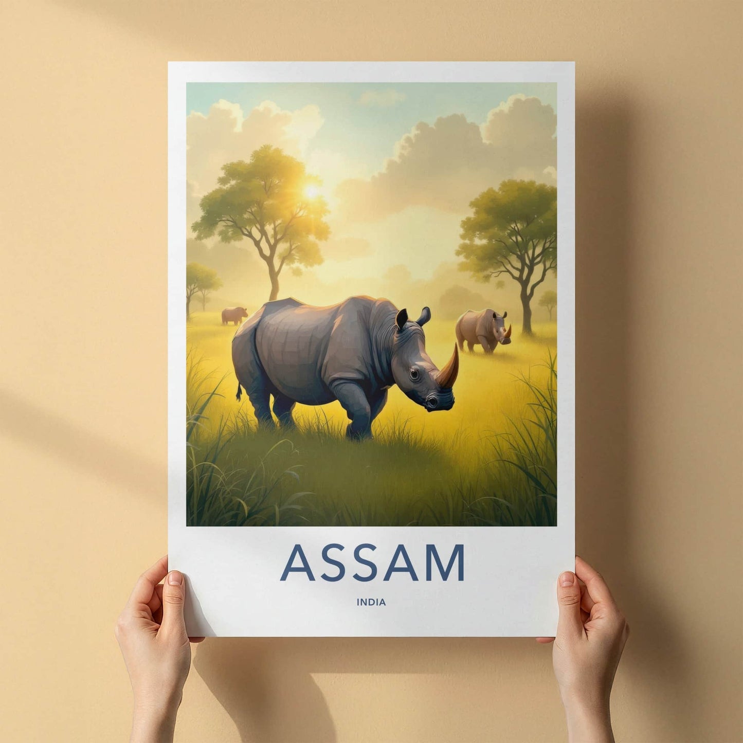 Assam Poster - India Travel Art - Assam Golden Field Rhinos Home Decor