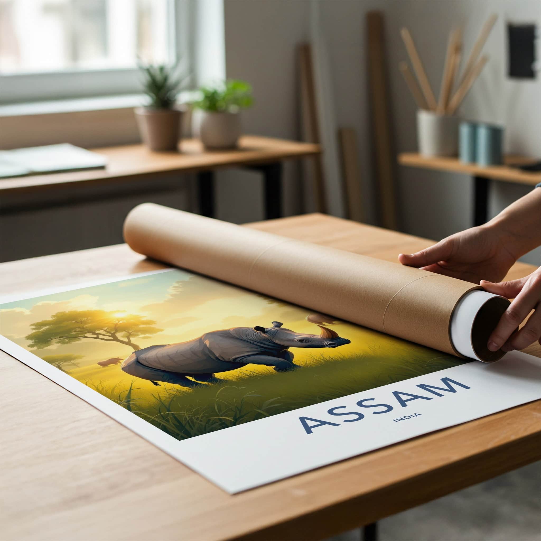 Assam Poster - India Travel Art - Assam Golden Field Rhinos Home Decor