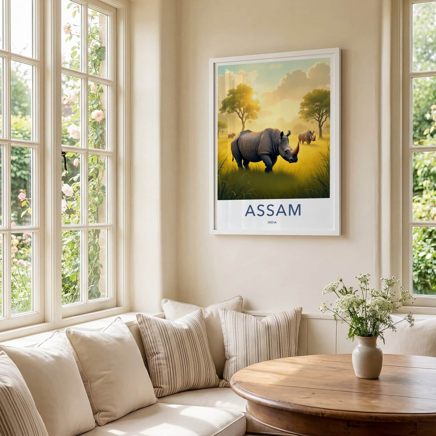 Assam Poster - India Travel Art - Assam Golden Field Rhinos Home Decor
