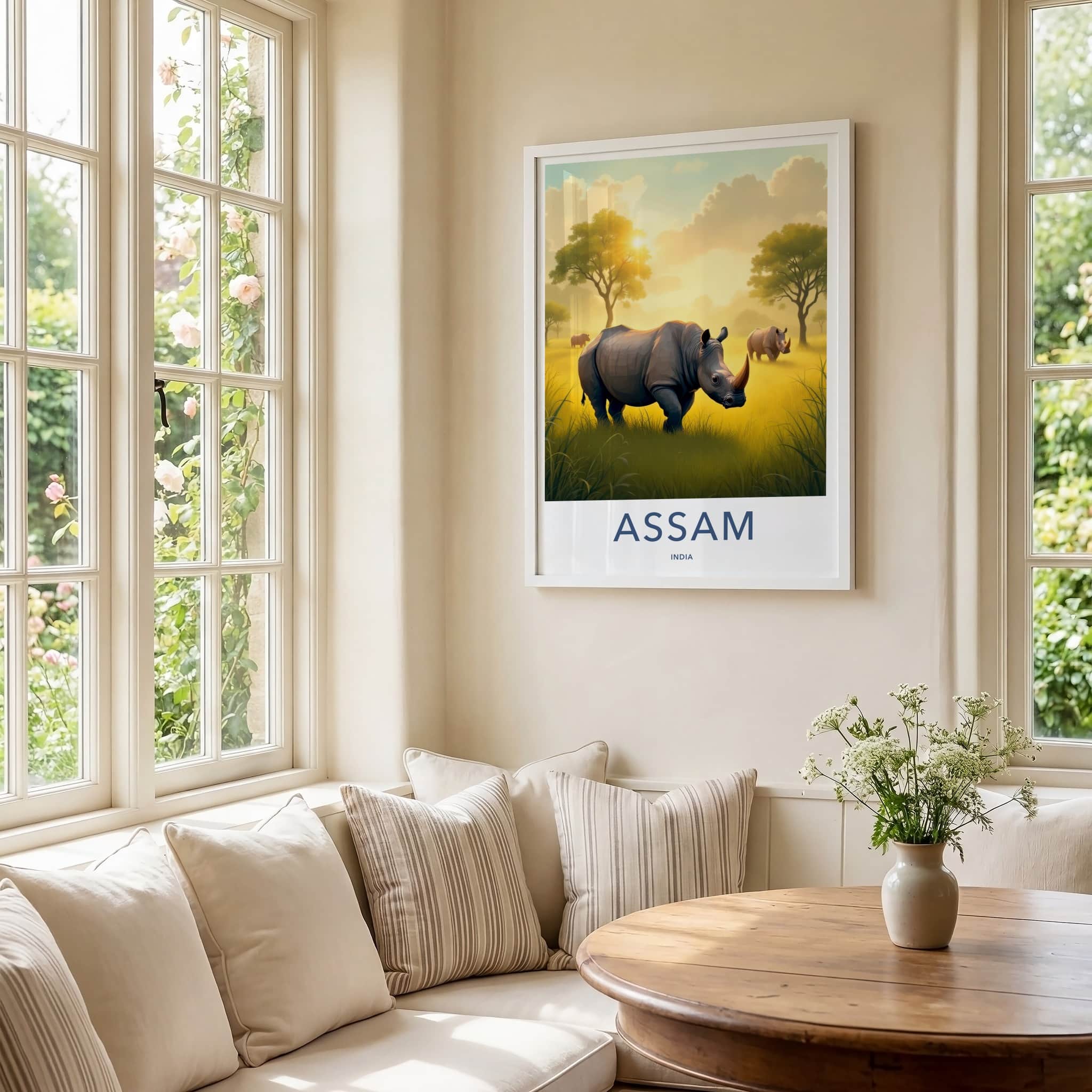 Assam Poster - India Travel Art - Assam Golden Field Rhinos Home Decor