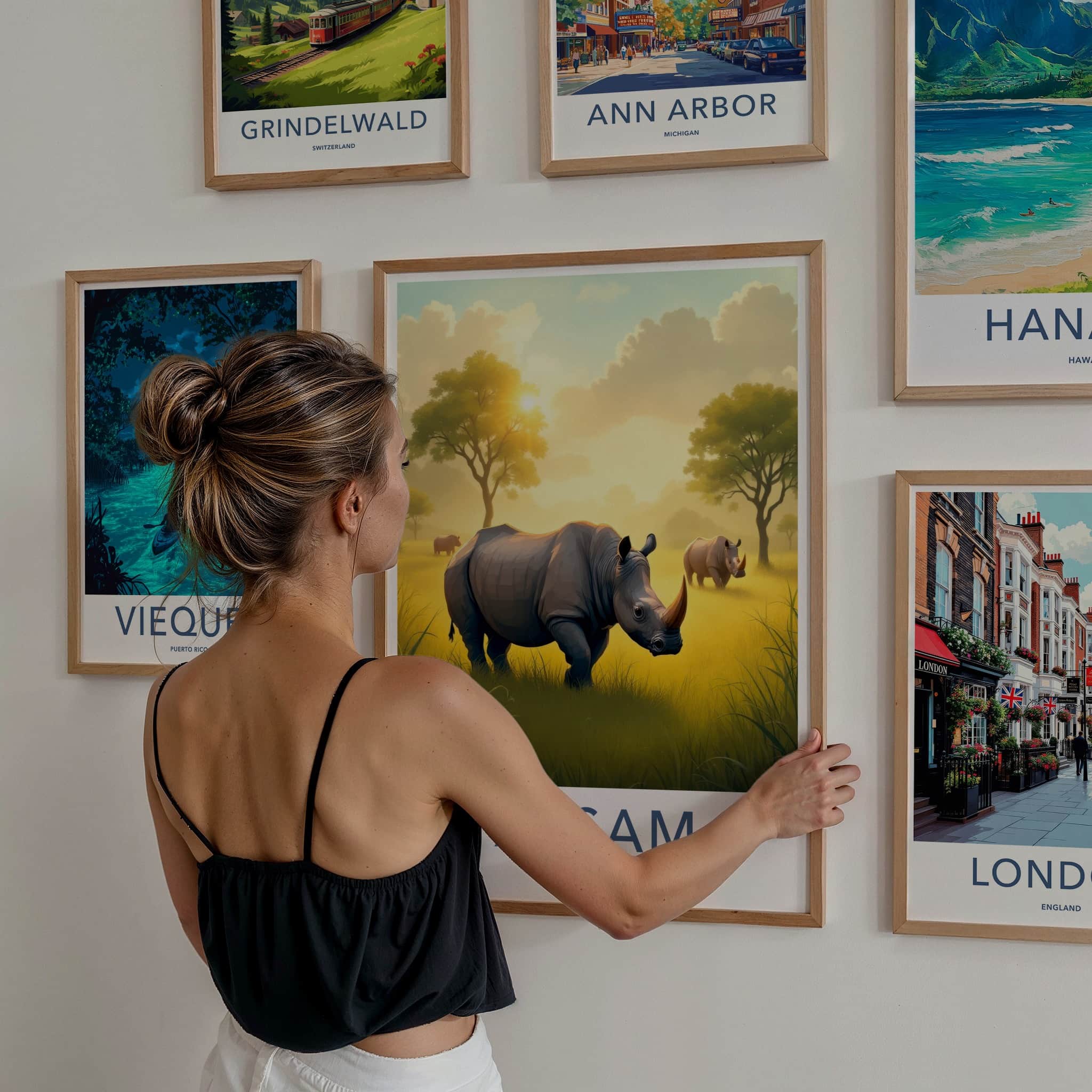 Assam Poster - India Travel Art - Assam Golden Field Rhinos Home Decor