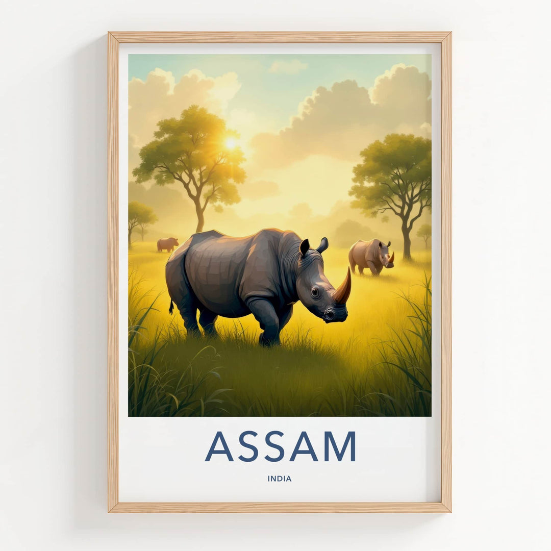 Assam Poster - India Travel Art - Assam Golden Field Rhinos Home Decor