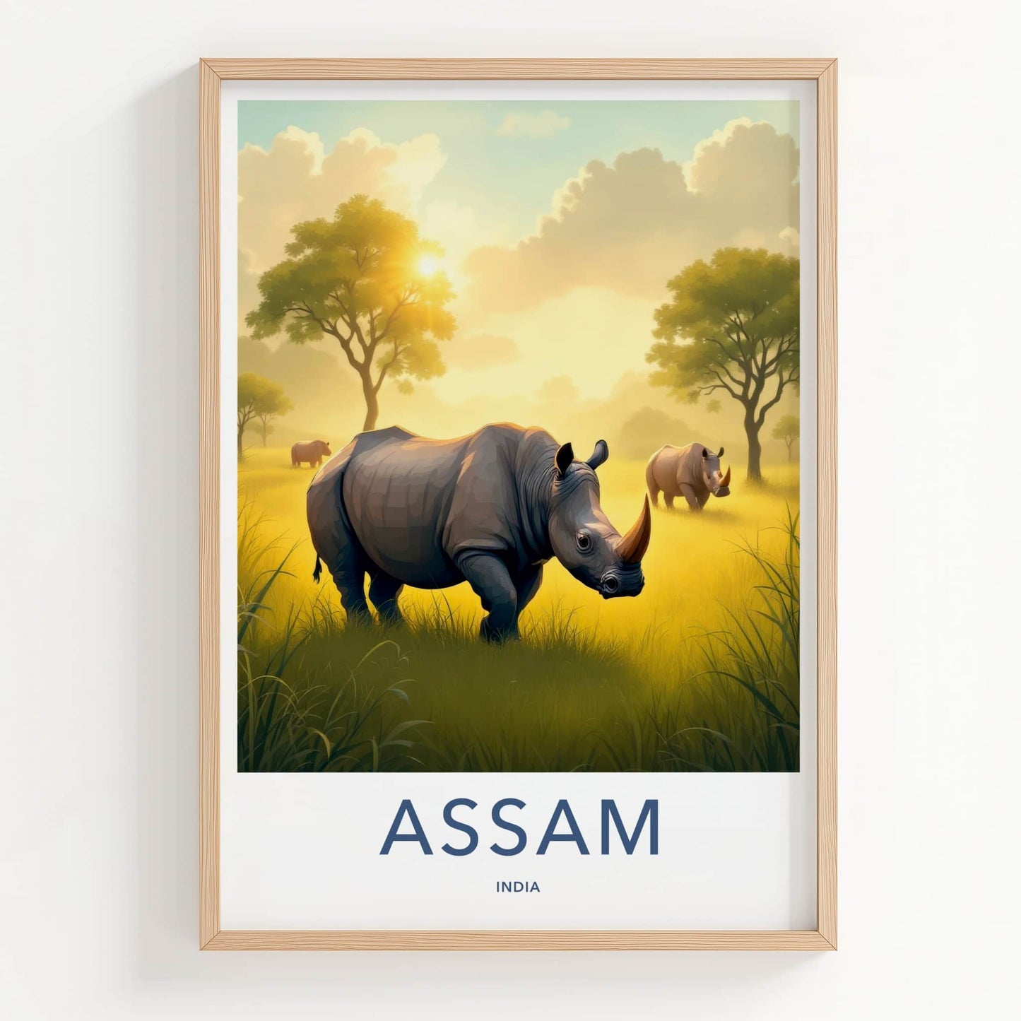 Assam Poster - India Travel Art - Assam Golden Field Rhinos Home Decor