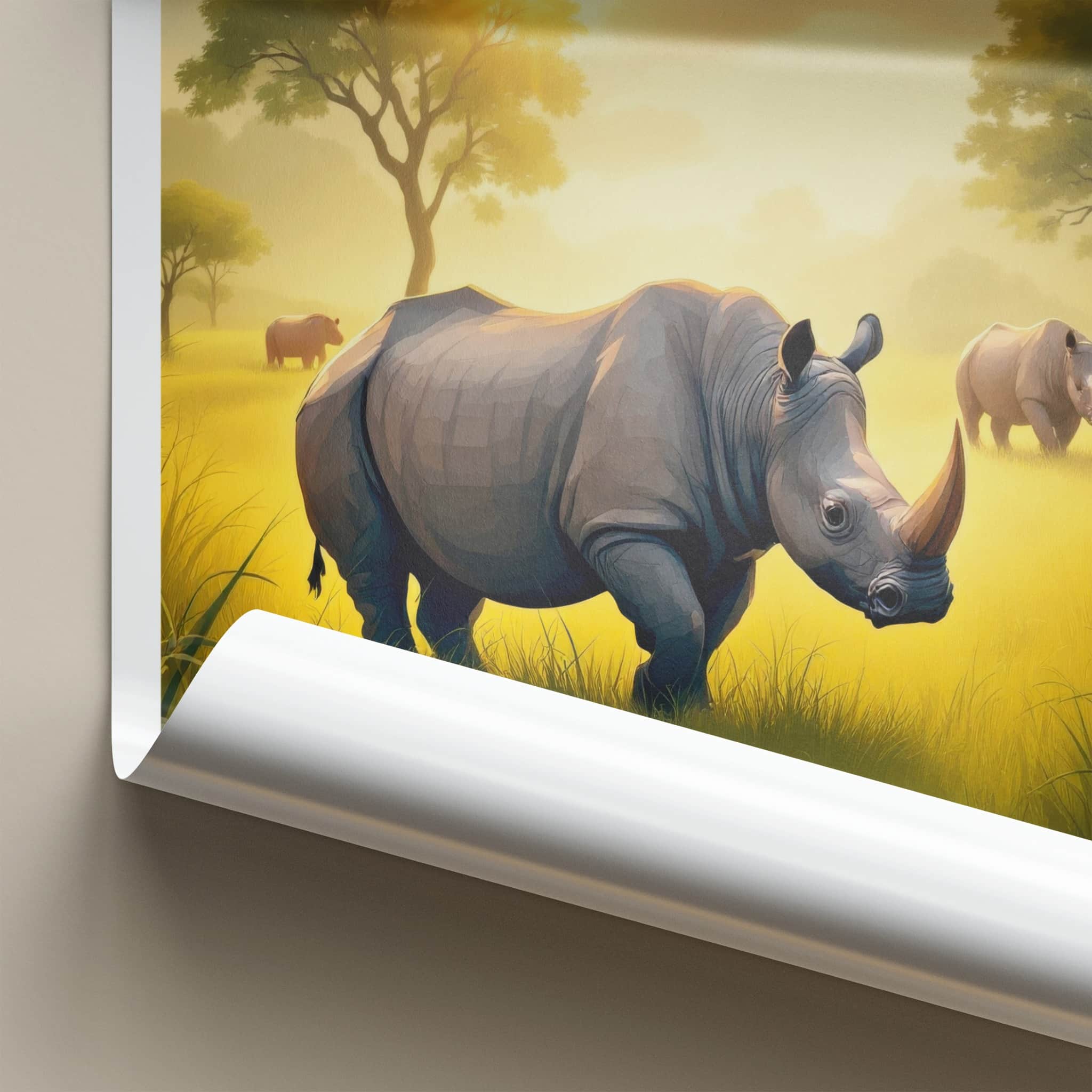 Assam Poster - India Travel Art - Assam Golden Field Rhinos Home Decor