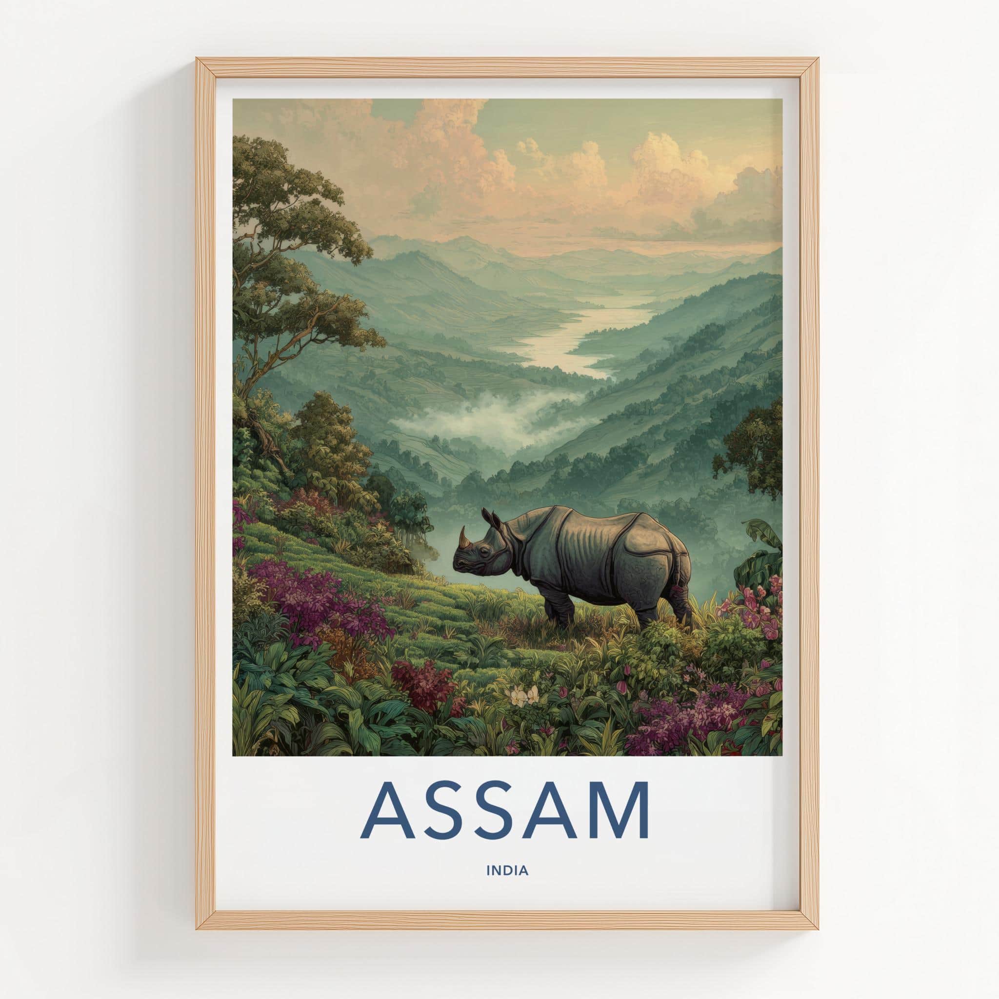 Assam Poster - India Travel Art - Assam Rhinoceros Mountain View Home Decor