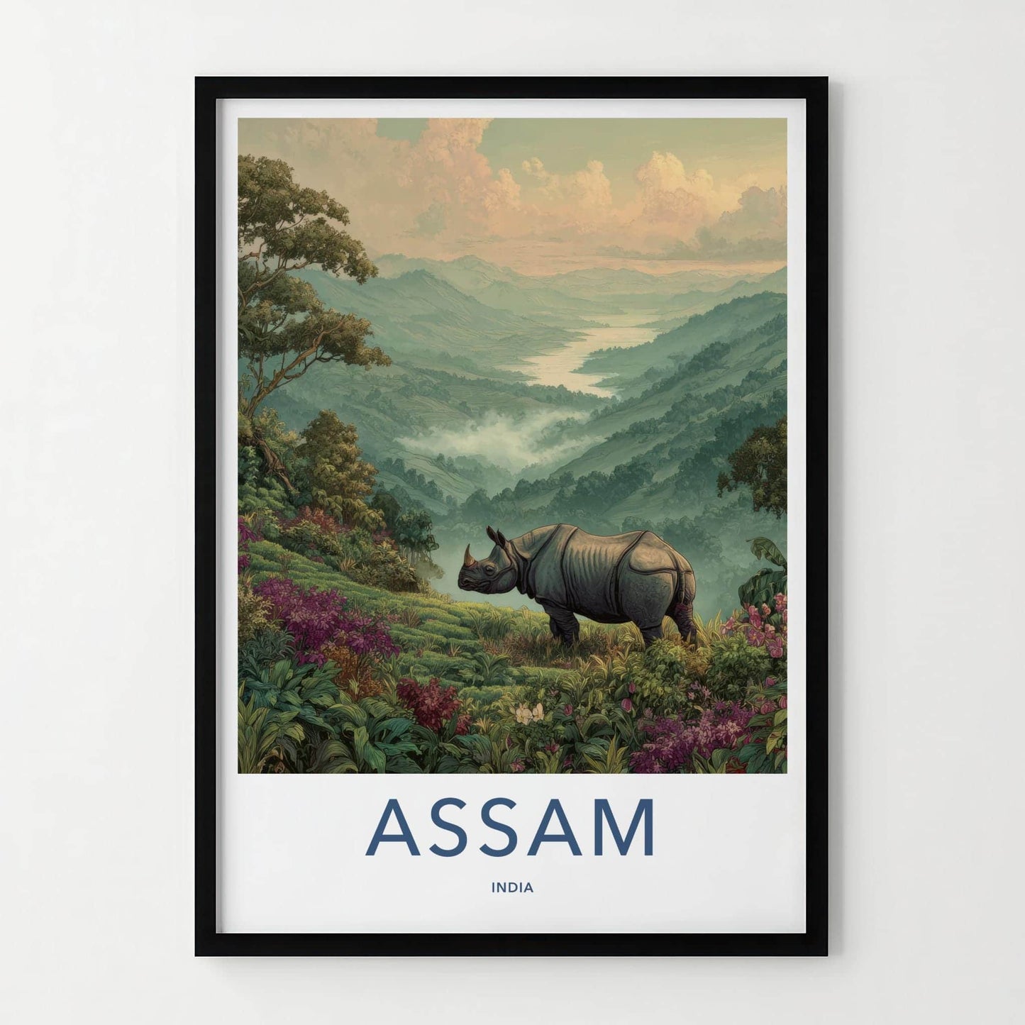 Assam Poster - India Travel Art - Assam Rhinoceros Mountain View Home Decor